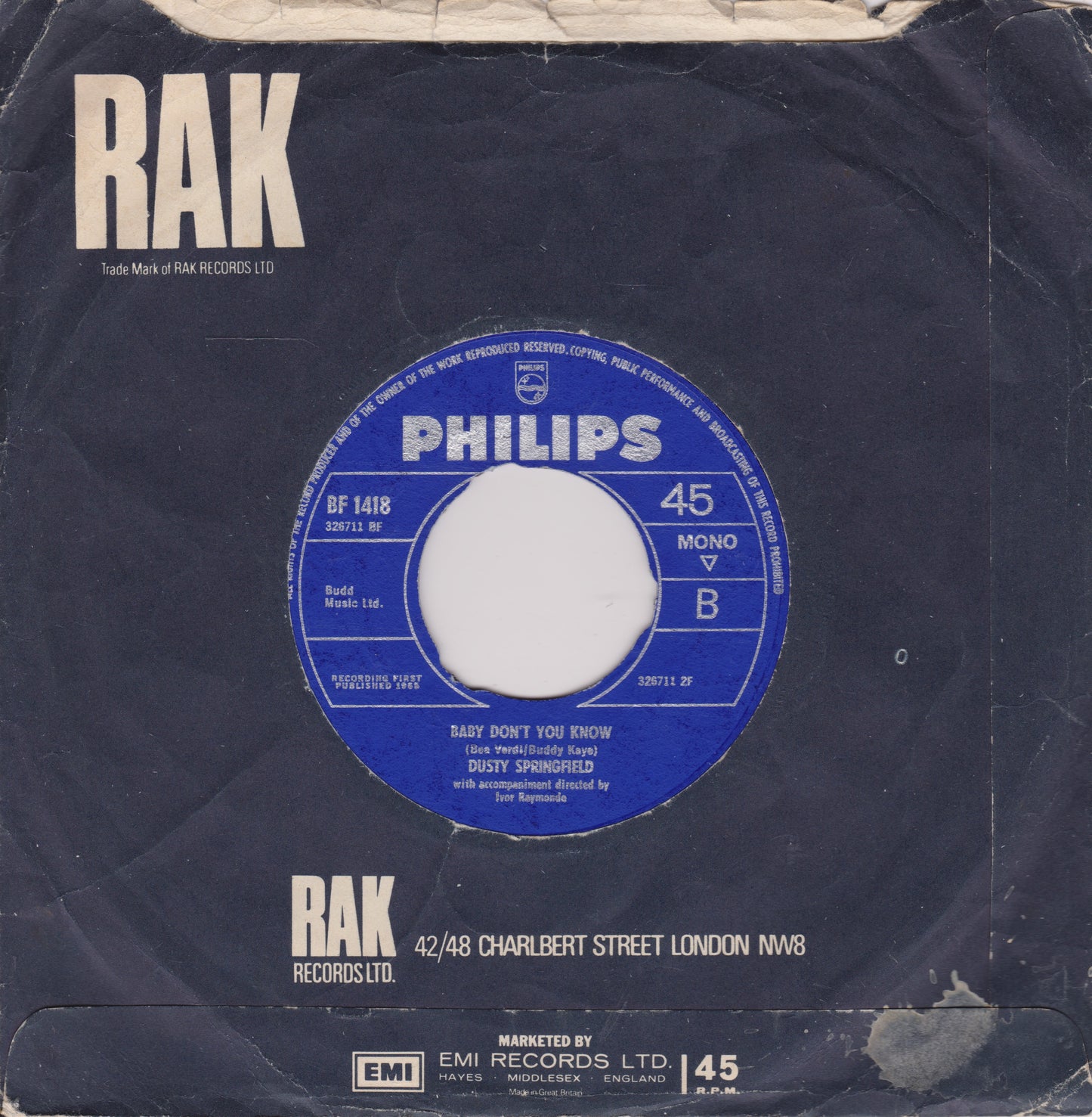 Vintage vinyl record label with 'RAK' and 'Philips' branding on a dark background.