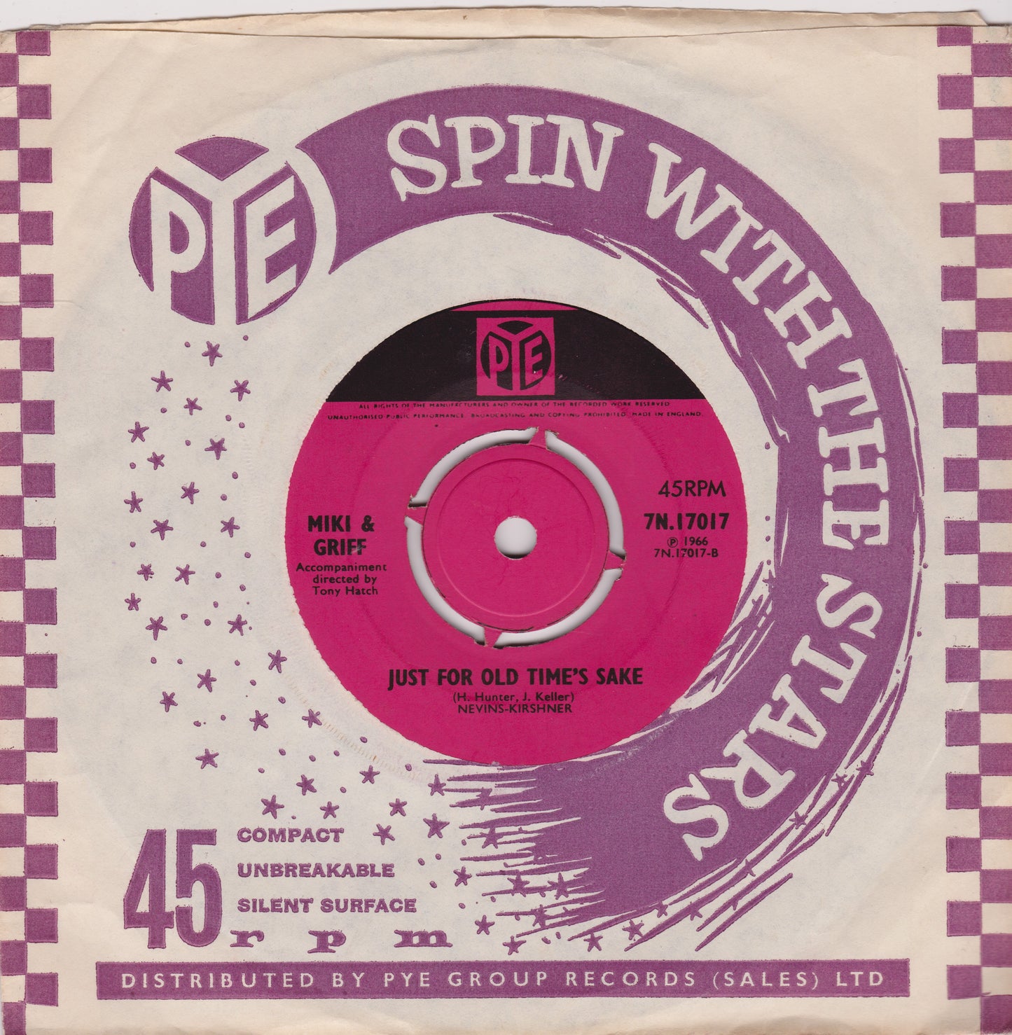 Record sleeve with pink vinyl record and purple text on a checkered background