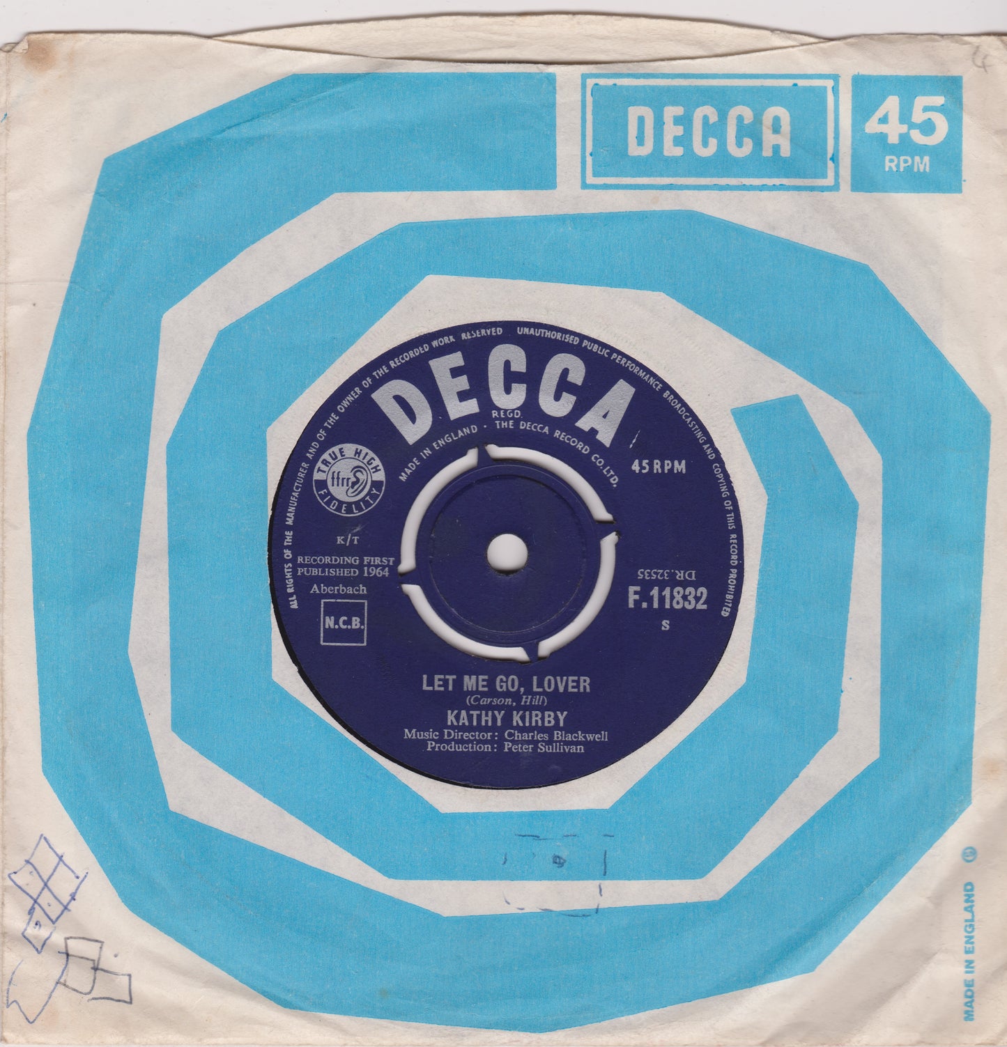 Decca record label with blue and white design on a beige background