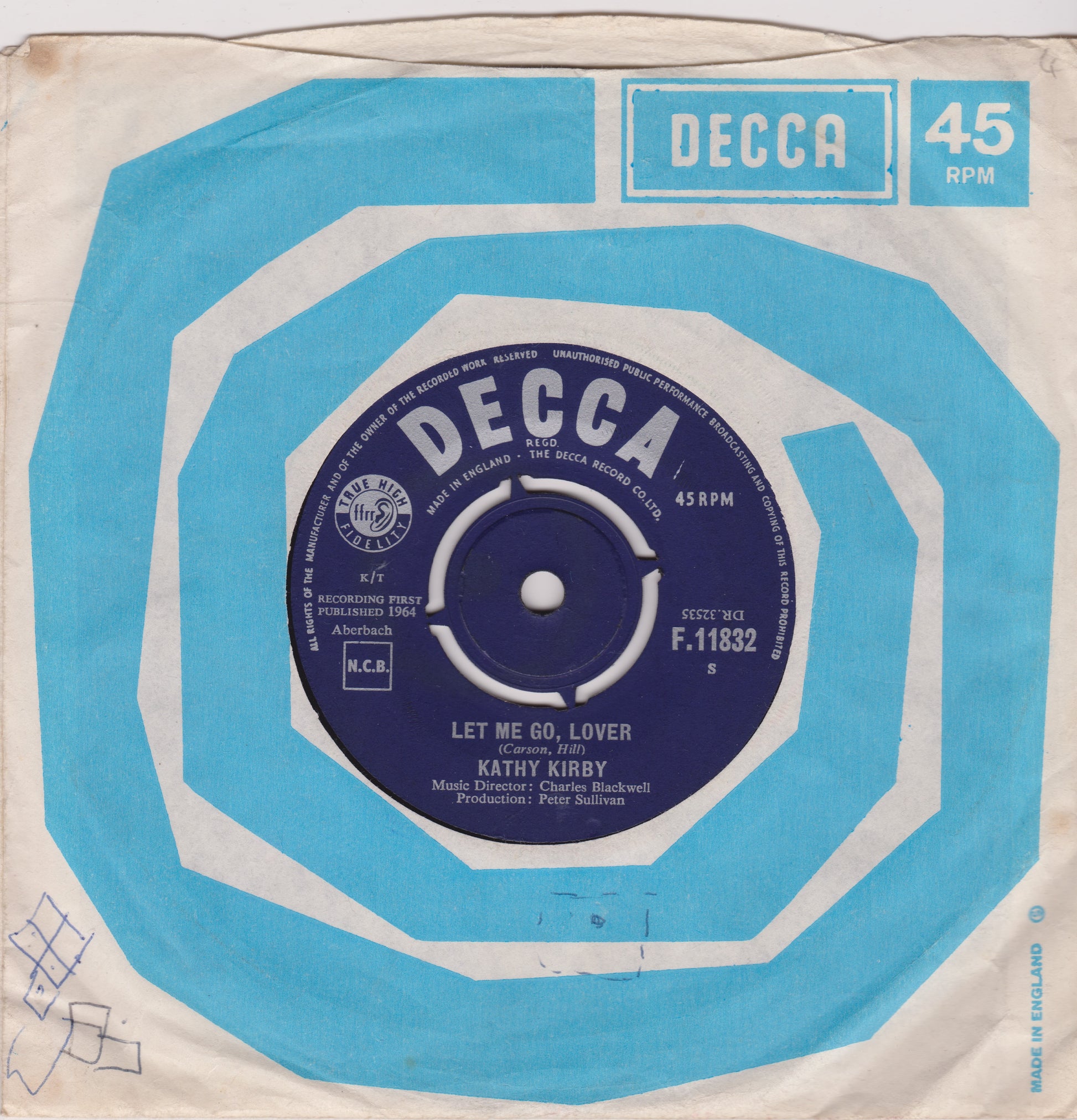 Decca record label with blue and white design on a beige background