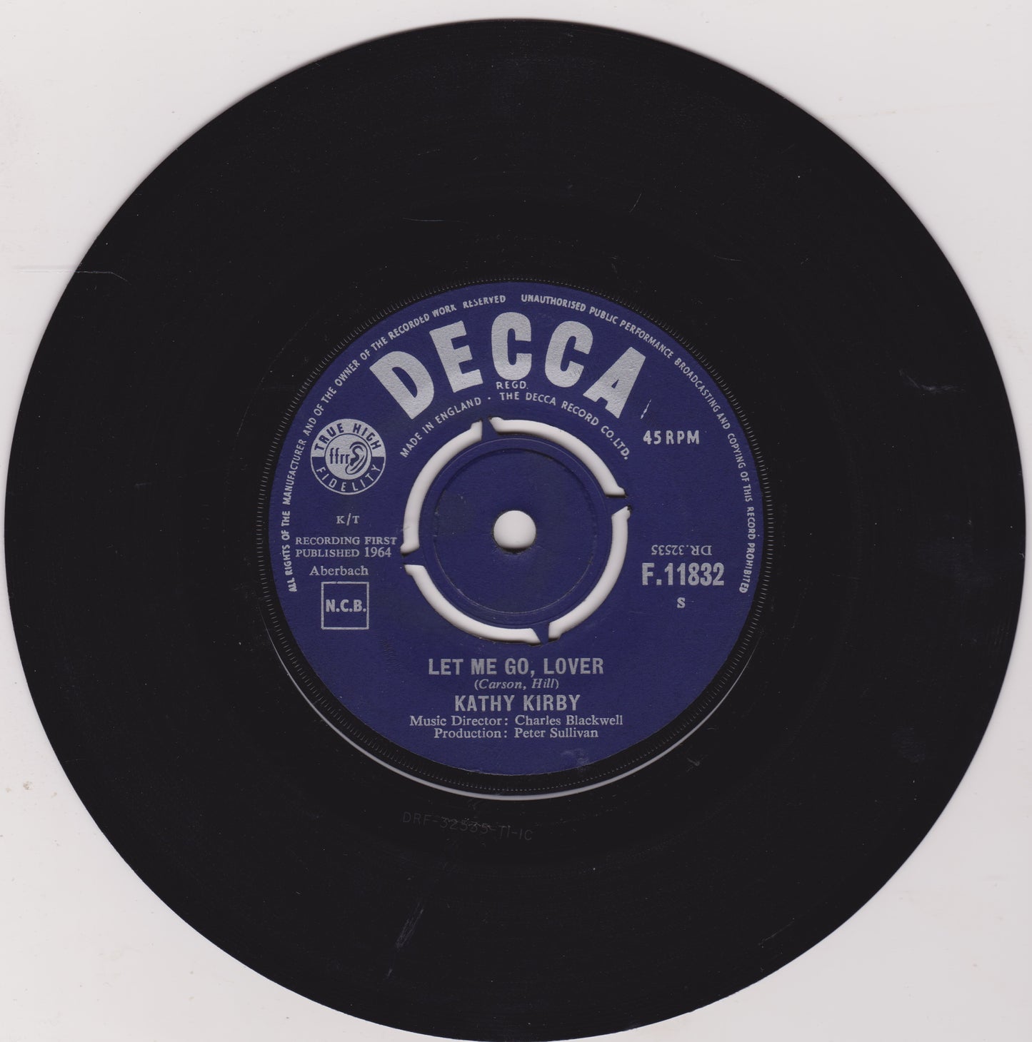 Black vinyl record with a blue Decca label on a white background