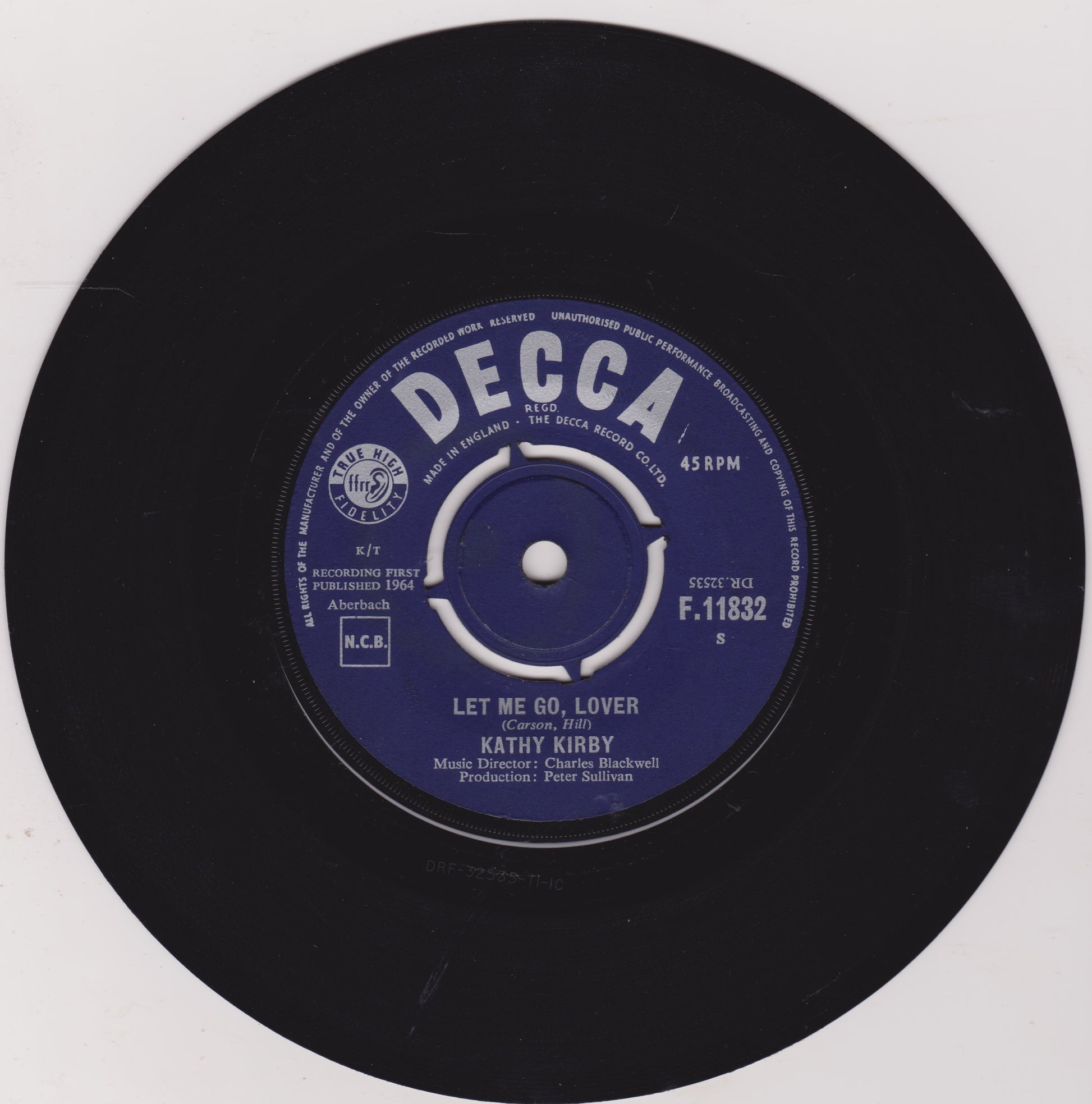 Black vinyl record with a blue Decca label on a white background