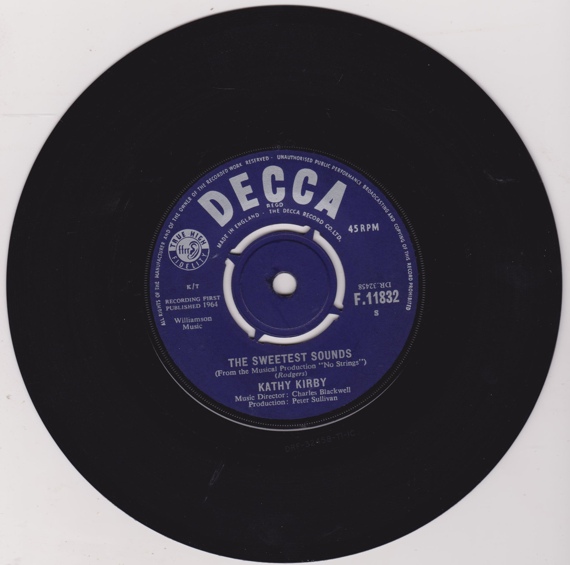 Black vinyl record with a blue Decca label on a white background