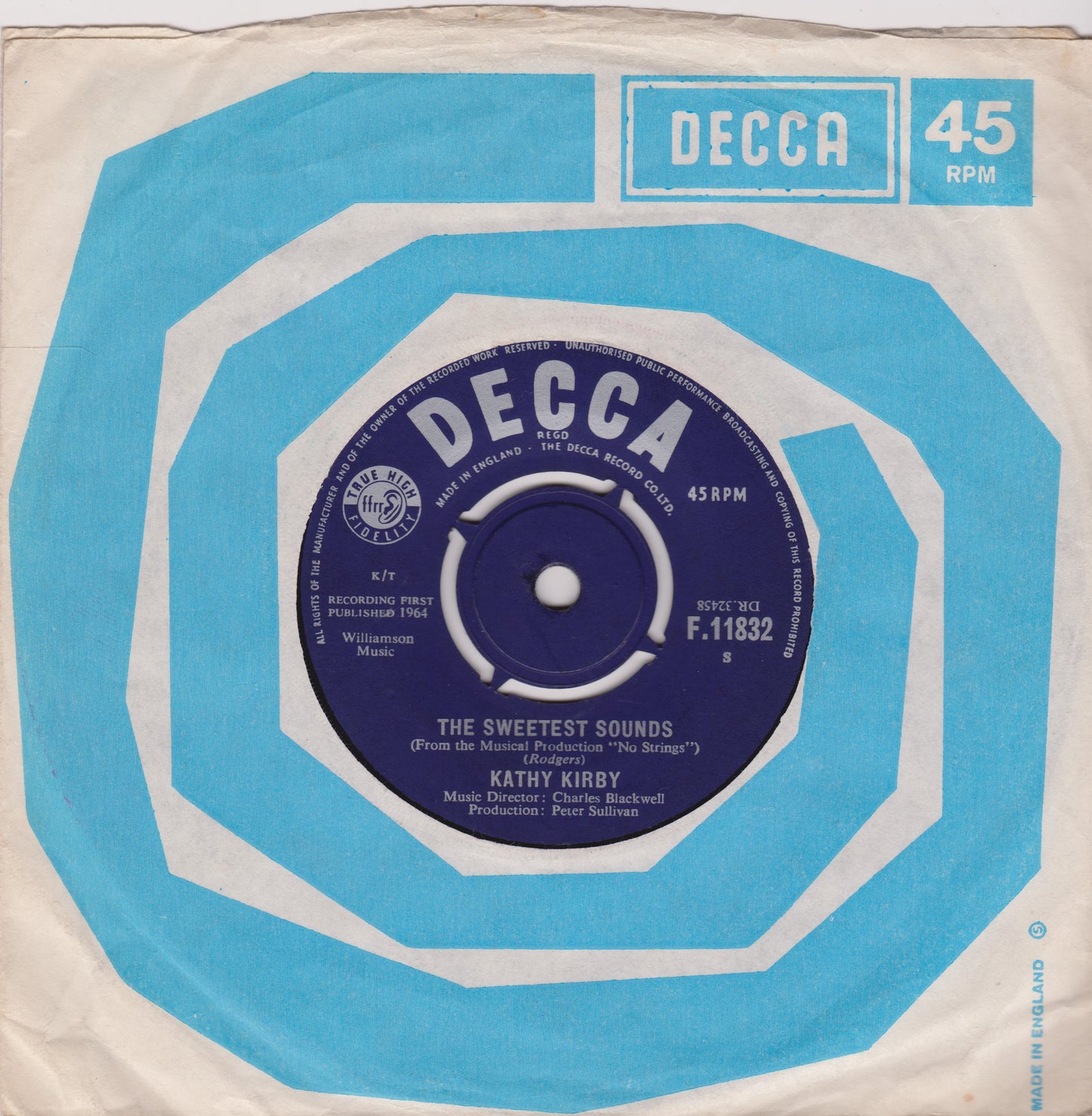Decca 45 RPM record sleeve with blue and white design
