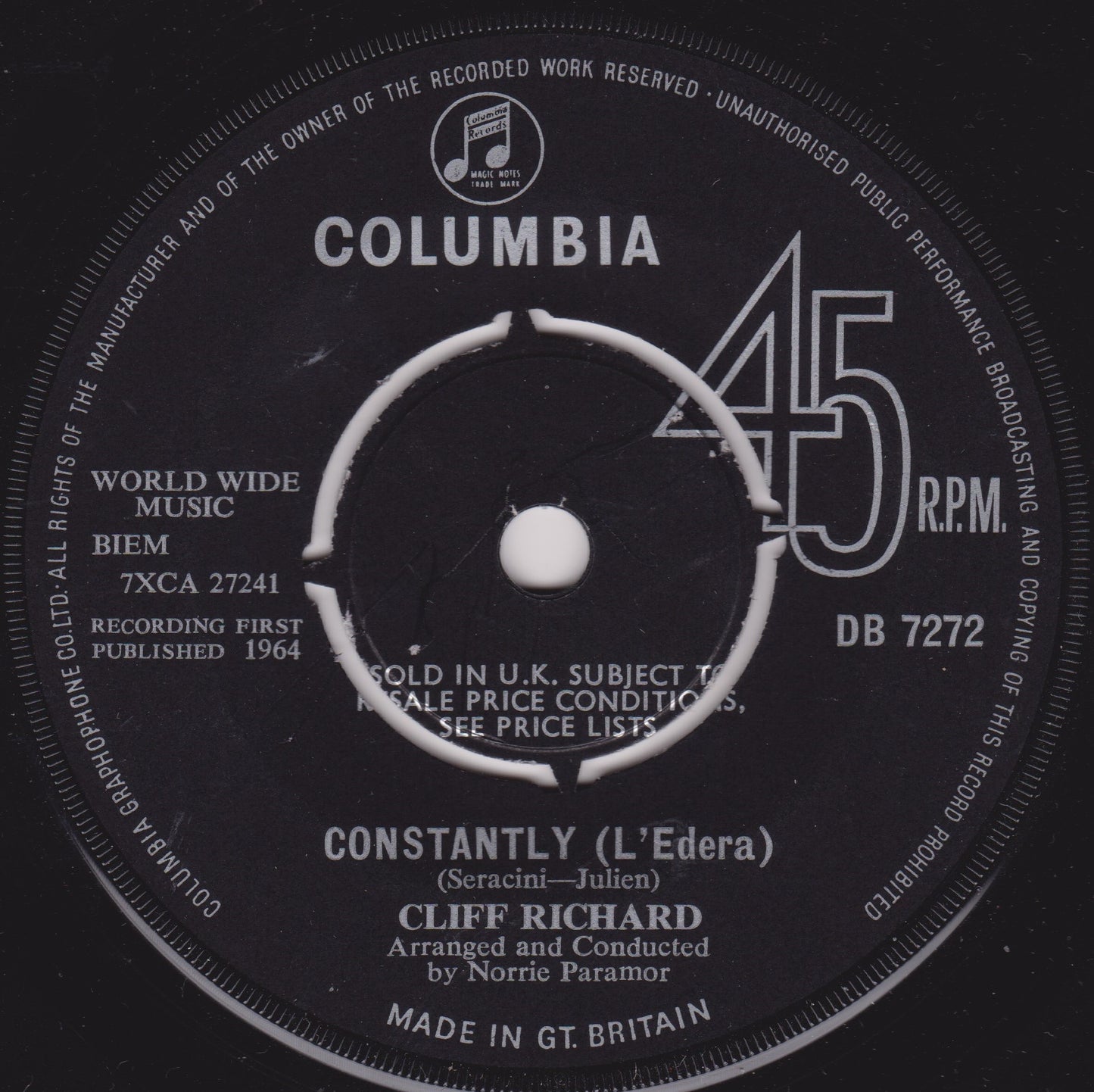 Cliff Richard - Constantly (L'Edera) (Columbia 1964) 7" vinyl single VG/-