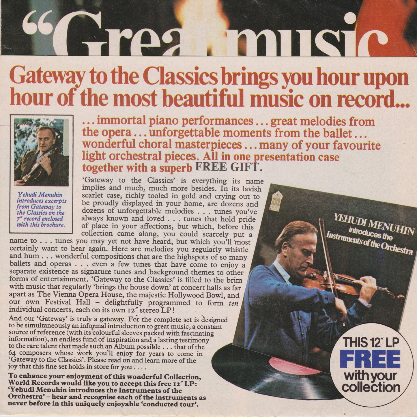 Yehudi Menuhin ‎– Gateway To The Classics 7" flexi disc single VG/VG 33rpm
