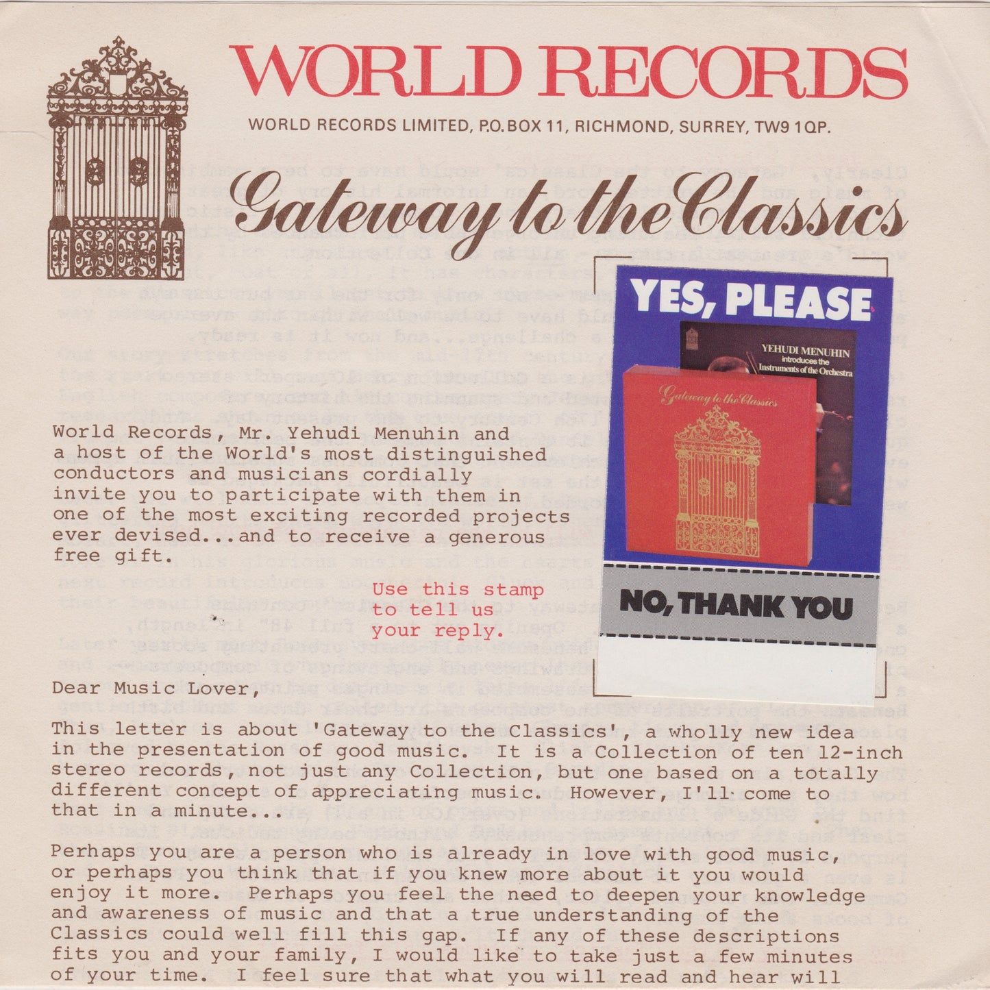 Yehudi Menuhin ‎– Gateway To The Classics 7" flexi disc single VG/VG 33rpm