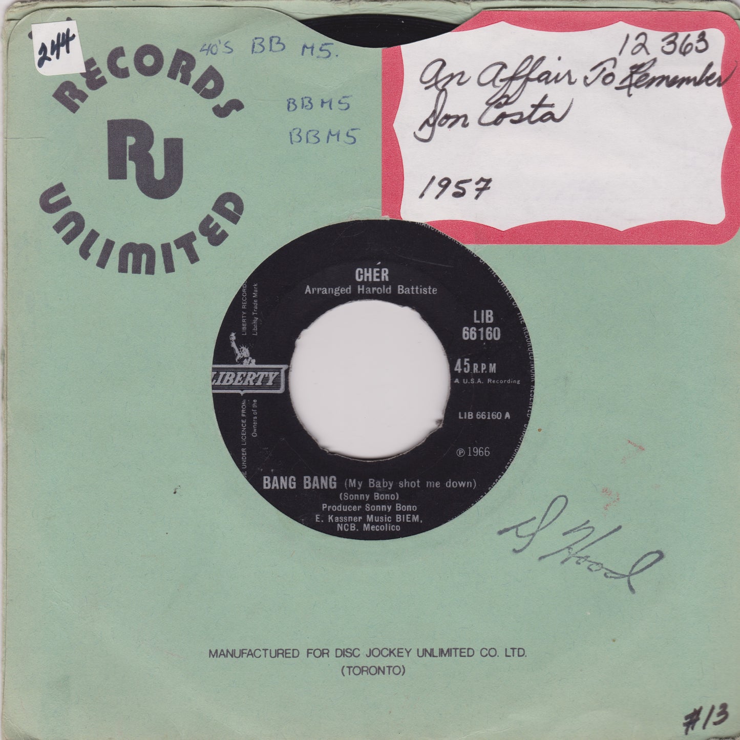 Cher ‎– Bang Bang (My Baby Shot Me Down) (Liberty 1966) 7" vinyl single G+/-