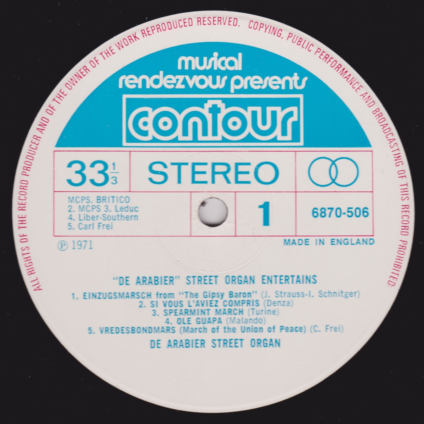 De Arabier ‎– Street Organ Entertains (Contour 1971) 12" vinyl LP VG/VG