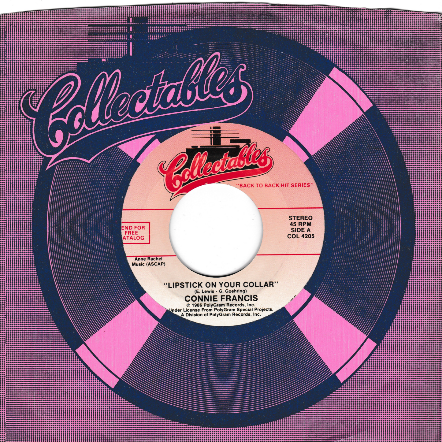 Connie Francis ‎– Lipstick On Your Collar (Collectables 1986) 7" vinyl US single VG/VG jukebox centre