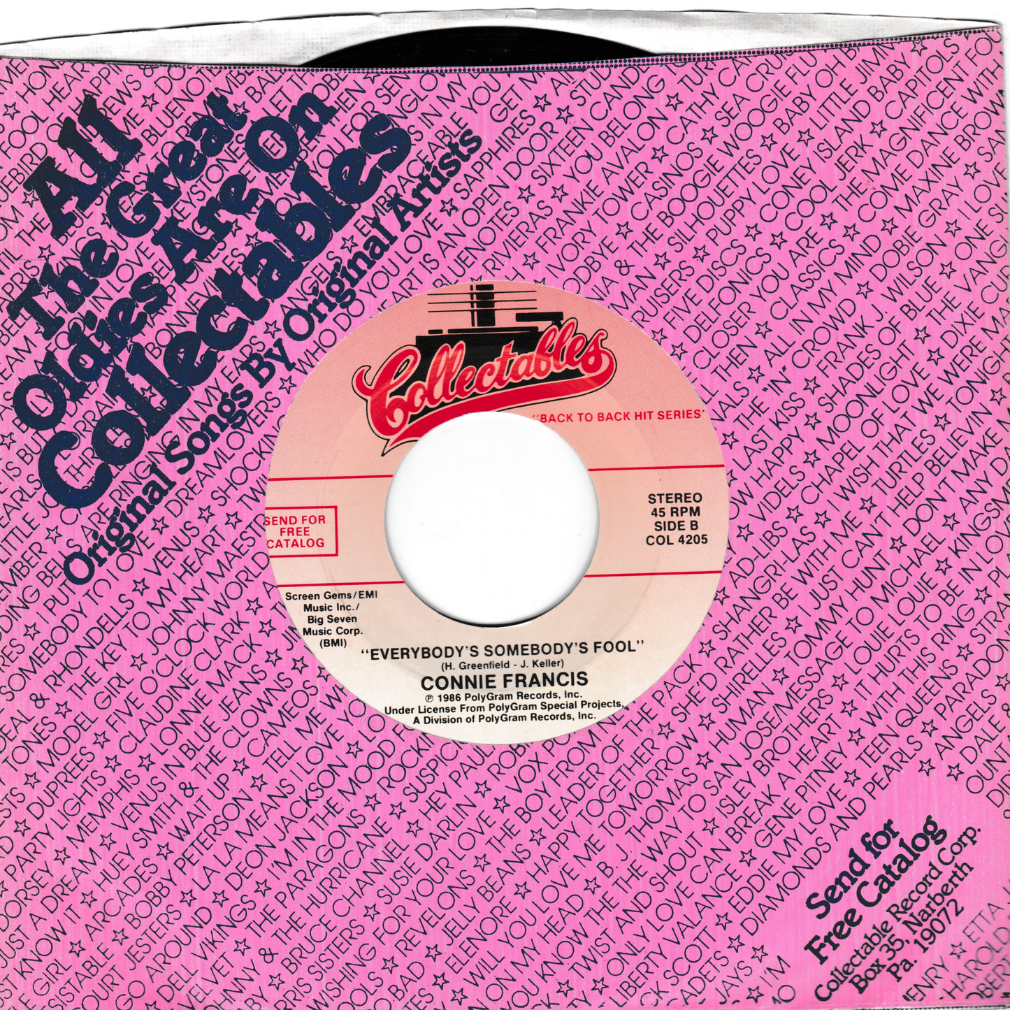 Connie Francis ‎– Lipstick On Your Collar (Collectables 1986) 7" vinyl US single VG/VG jukebox centre