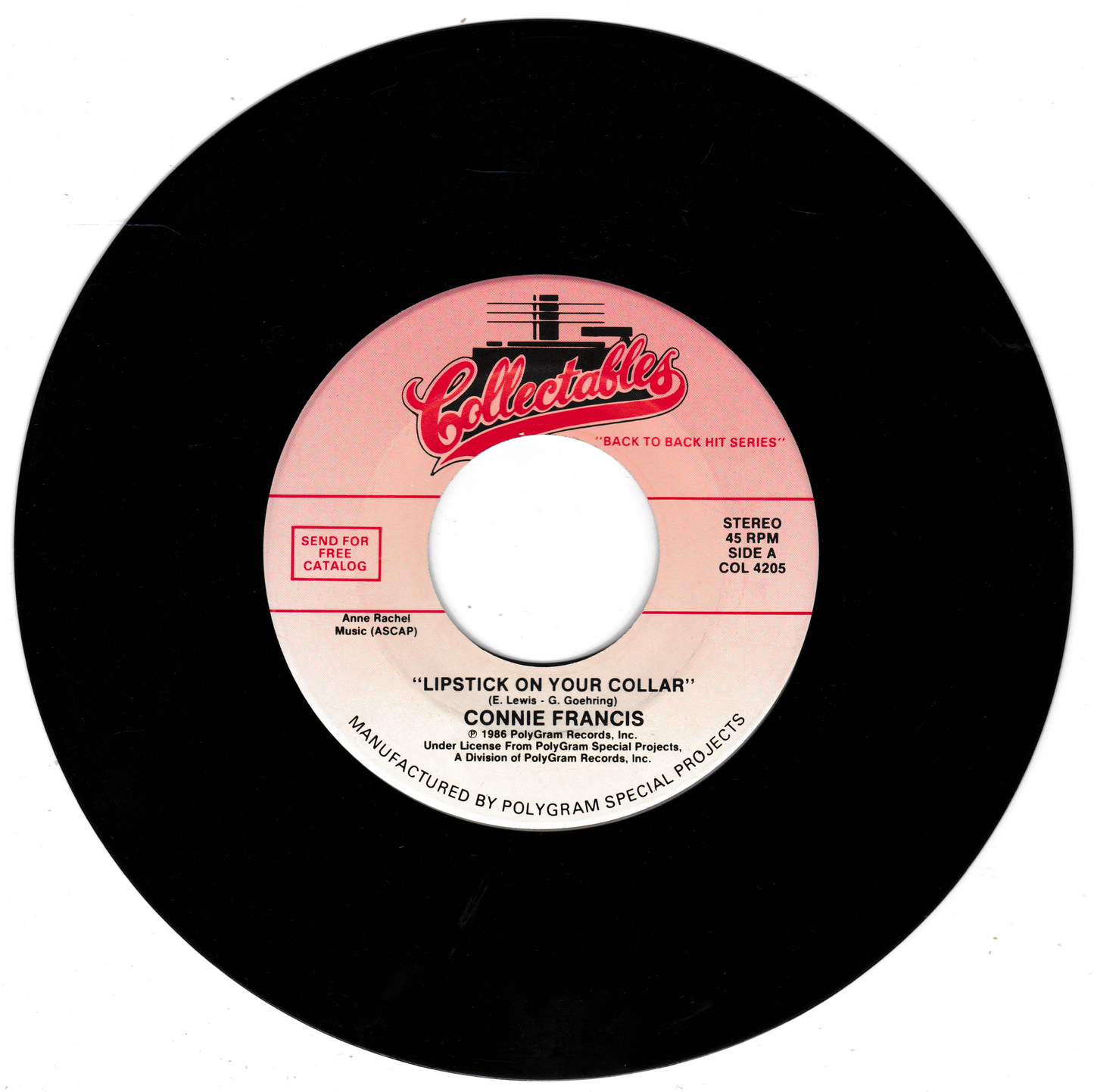Connie Francis ‎– Lipstick On Your Collar (Collectables 1986) 7" vinyl US single VG/VG jukebox centre