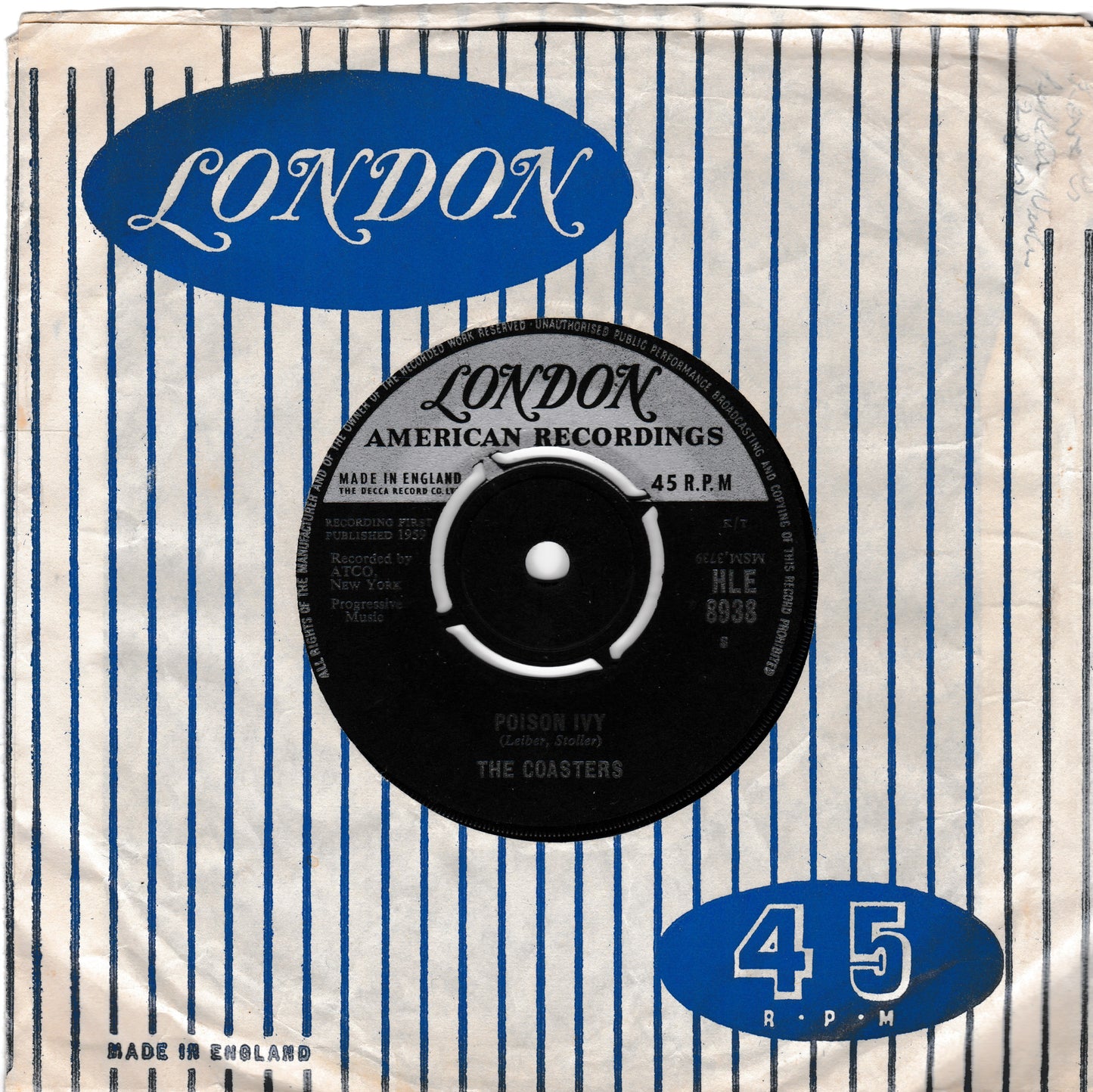 Vintage London American Recordings 45 RPM record packaging with blue and white striped design.