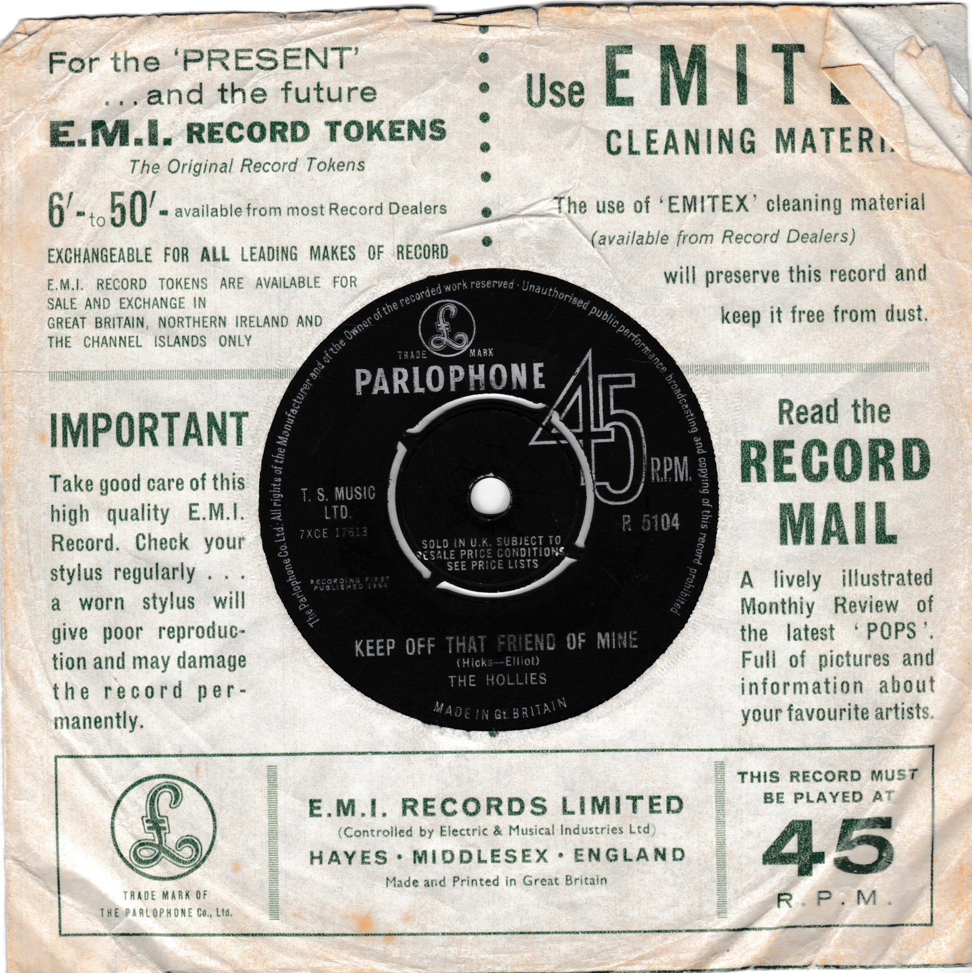Vintage EMI Records cleaning material and instruction card for a Parlophone 45 RPM record, featuring a black circular record graphic and green and black text on an off-white background.