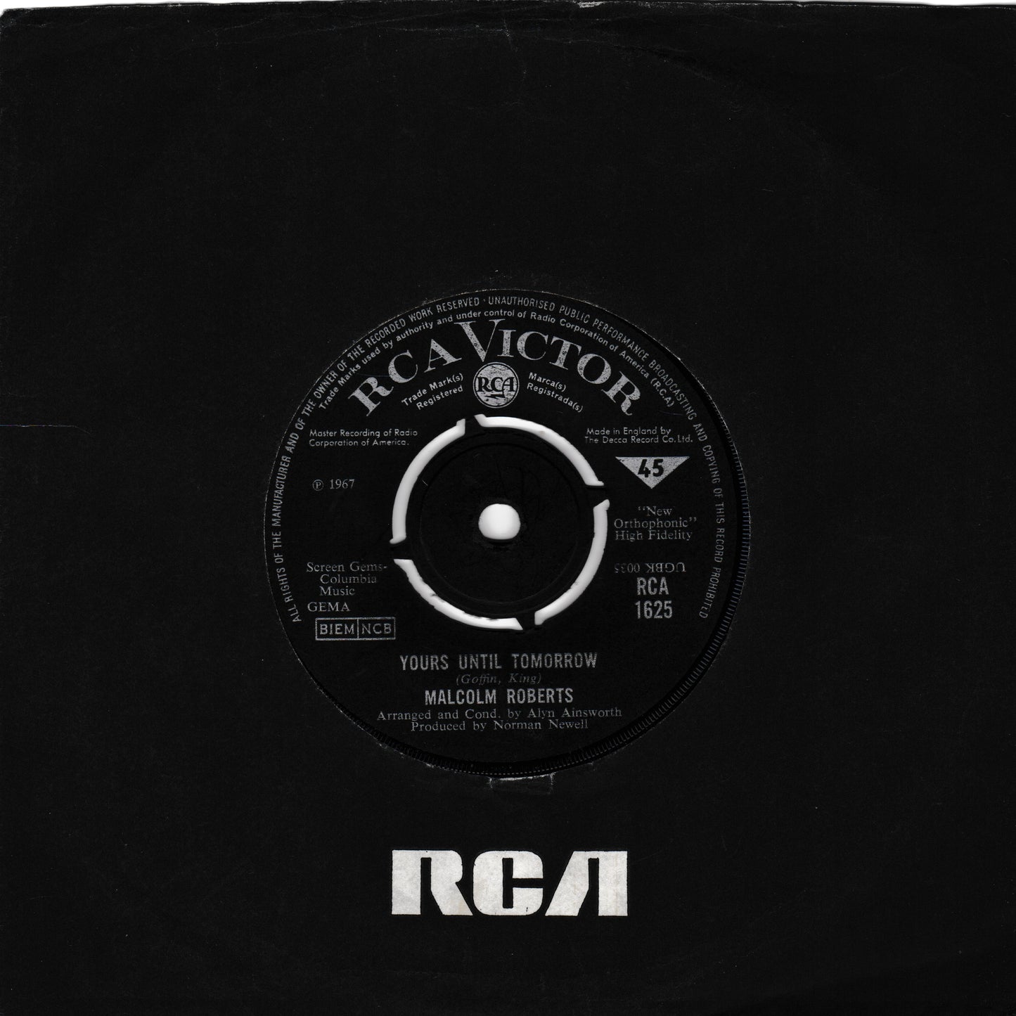 A black vinyl record sleeve or record cover featuring the RCA Victor label and the song title 'Yours Until Tomorrow' by Malcolm Roberts, with a large white RCA logo at the bottom.