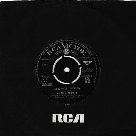 A black vinyl record sleeve or record cover featuring the RCA Victor label and the song title 'Yours Until Tomorrow' by Malcolm Roberts, with a large white RCA logo at the bottom.