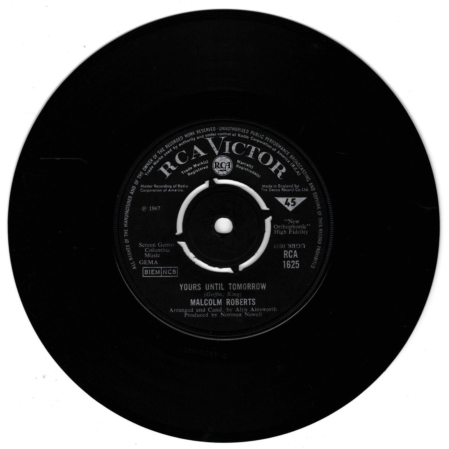 A black vinyl record with the RCA Victor label, featuring the song 'Yours Until Tomorrow' by Malcolm Roberts.
