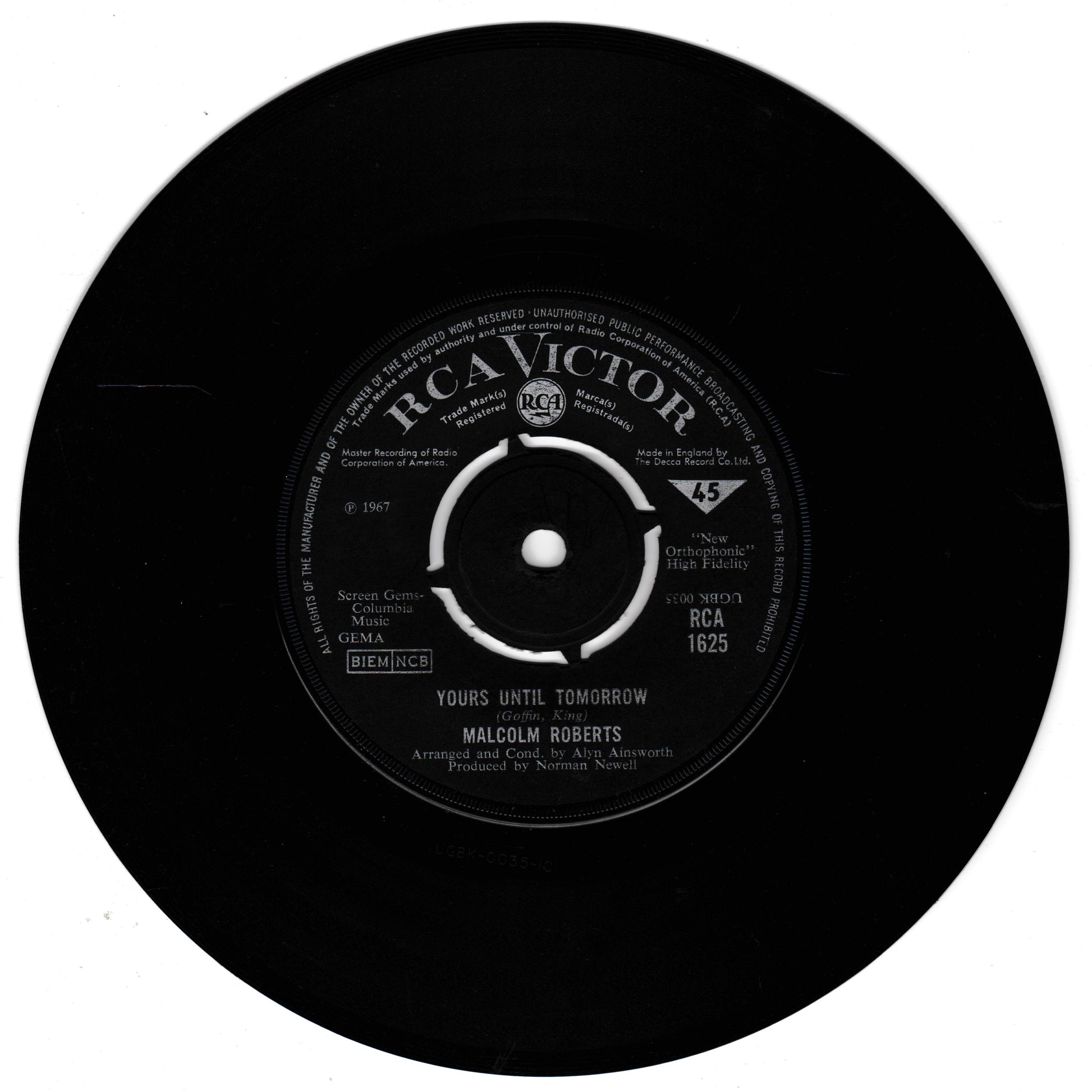 A black vinyl record with the RCA Victor label, featuring the song 'Yours Until Tomorrow' by Malcolm Roberts.