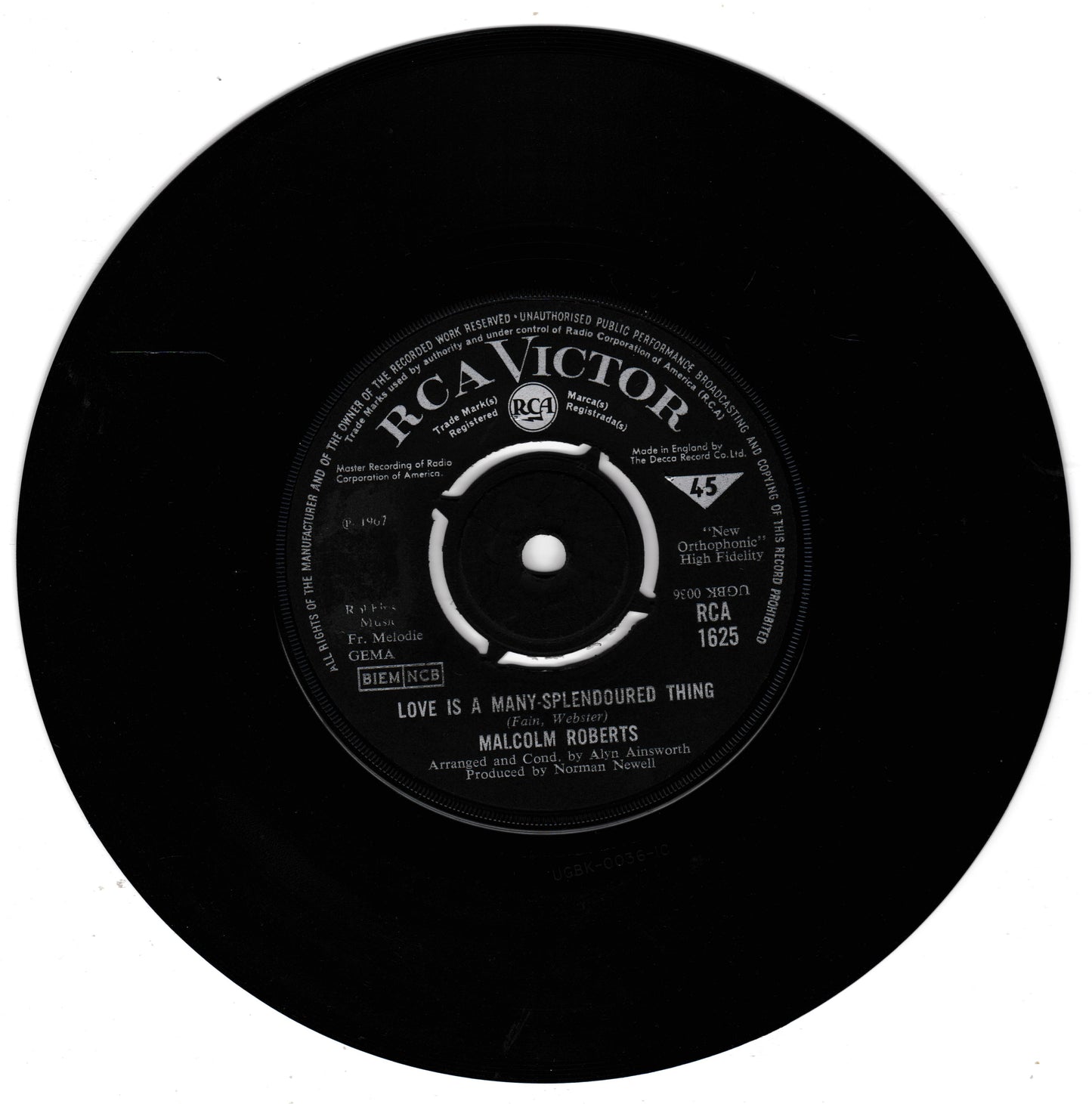 A black RCA Victor 45 rpm vinyl record featuring Malcolm Roberts' song 'Love Is A Many-Splendored Thing' with white printed text on the centre label, shown against a plain white background.