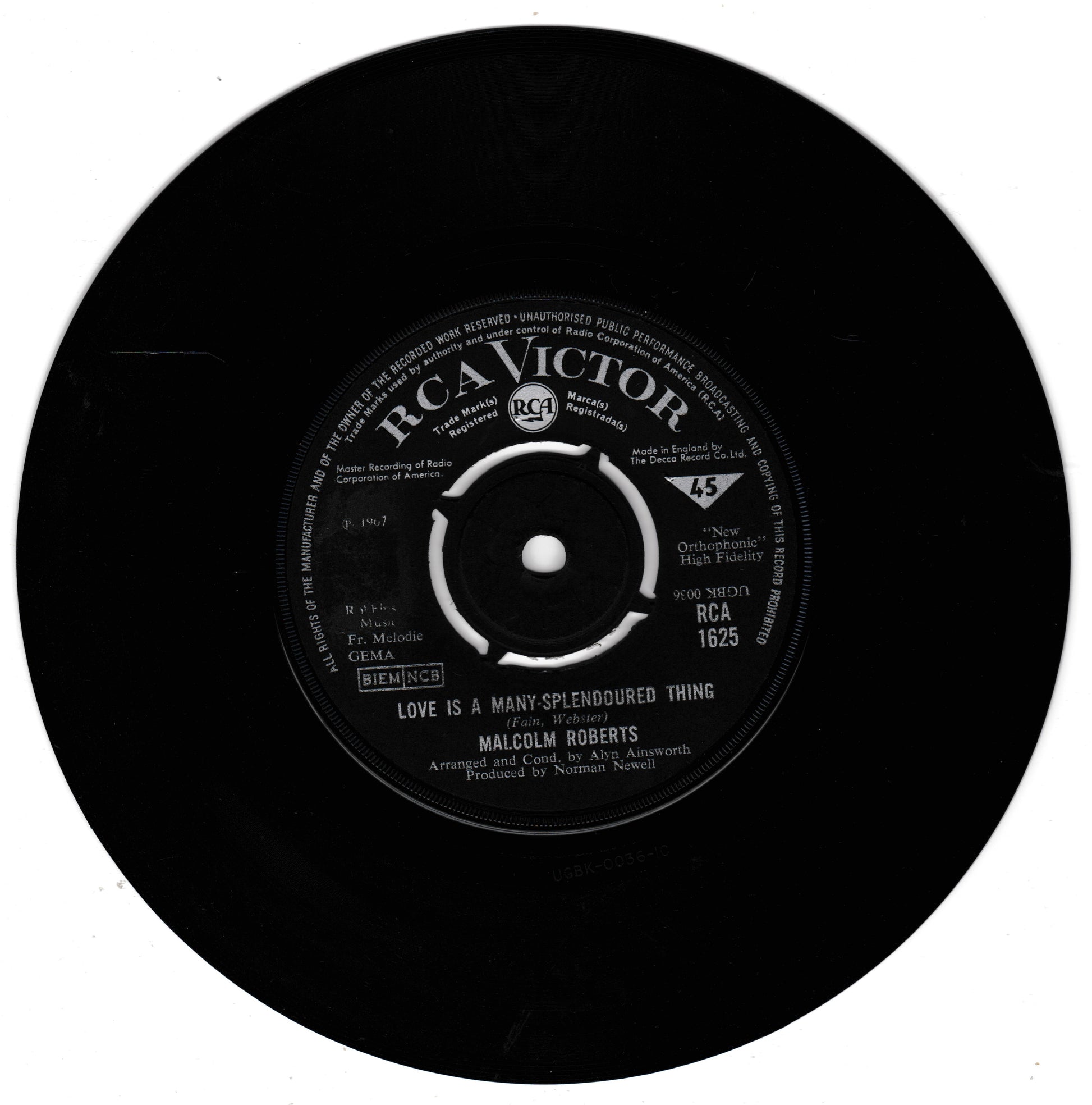 A black RCA Victor 45 rpm vinyl record featuring Malcolm Roberts' song 'Love Is A Many-Splendored Thing' with white printed text on the centre label, shown against a plain white background.
