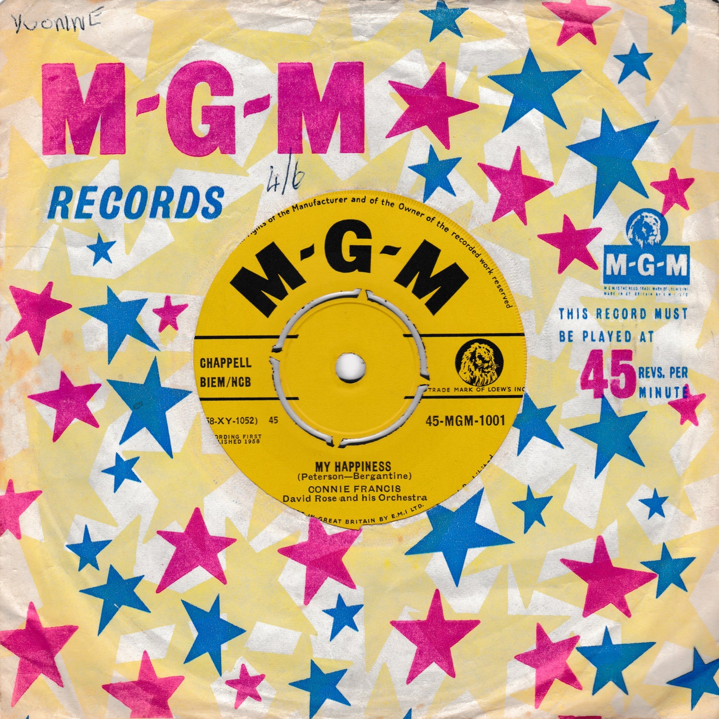 Vintage MGM Records vinyl record sleeve for 'My Happiness' by Connie Francis, featuring a yellow centre label on a pastel yellow background with pink and blue stars.