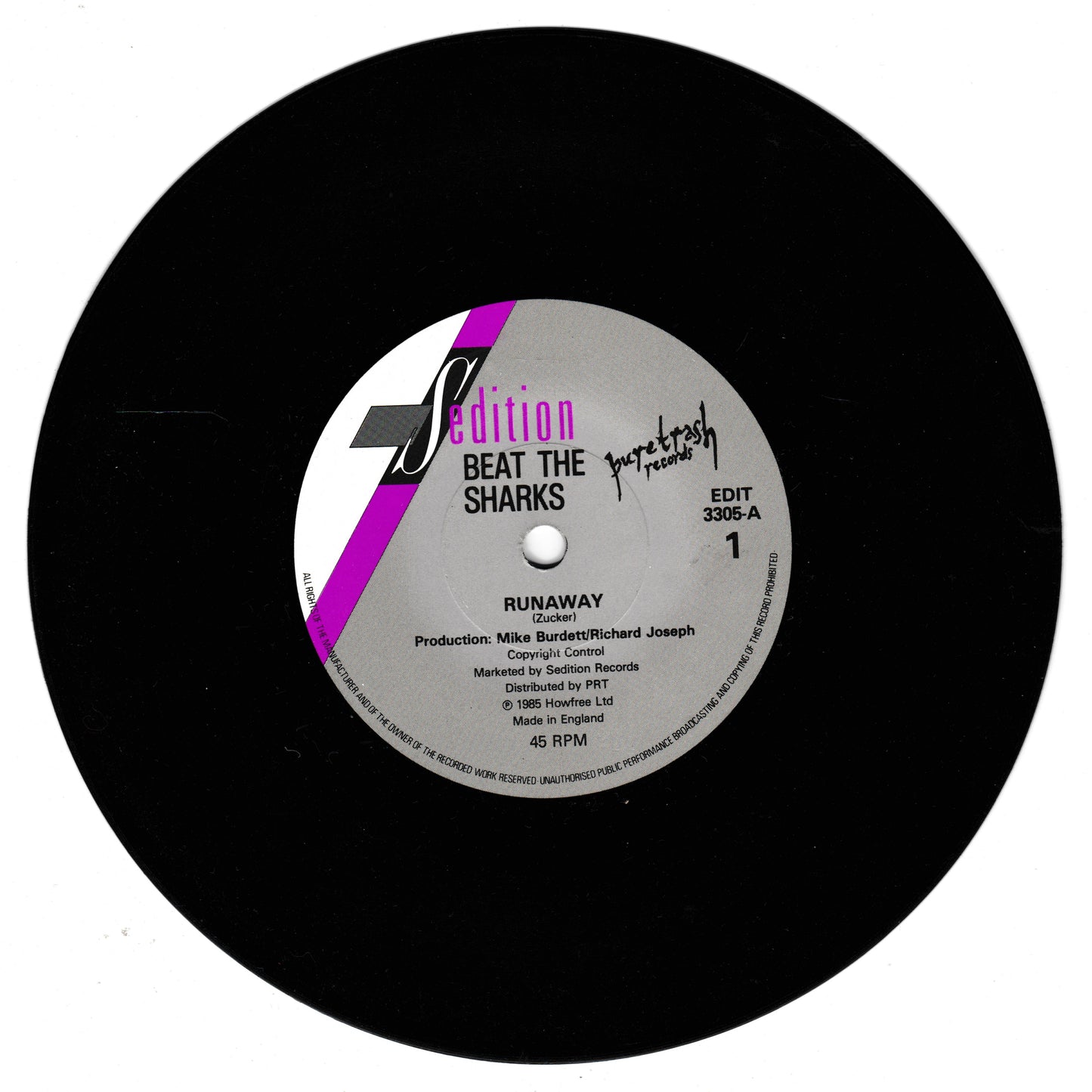 Beat The Sharks - Runaway (Sedition 1985) 7" vinyl P/S single VG/G+