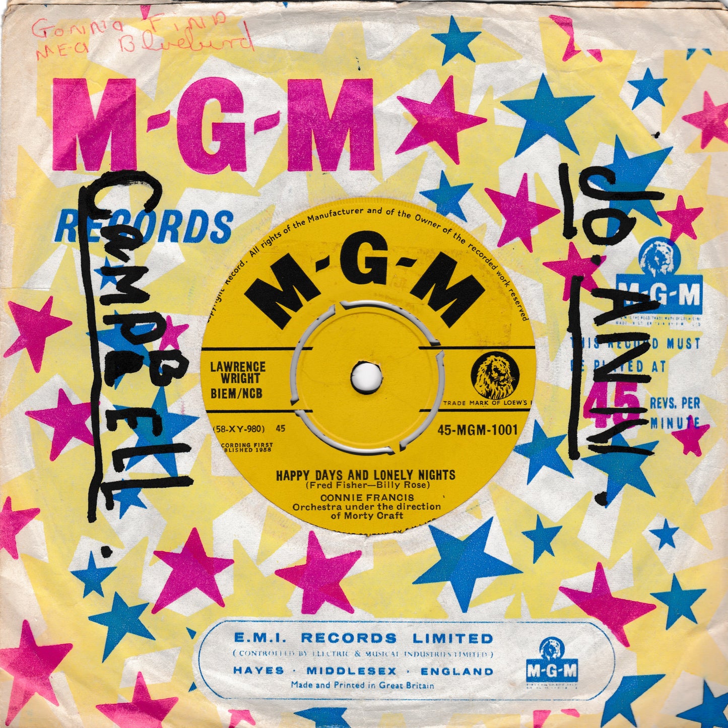 Vintage MGM Records 7-inch vinyl single cover for Connie Francis's 'Happy Days and Lonely Nights', featuring a yellow centre label on a light yellow background with pink and blue star patterns. Handwritten black text on the left reads 'Complete' and on the right '1967 Reissue'.