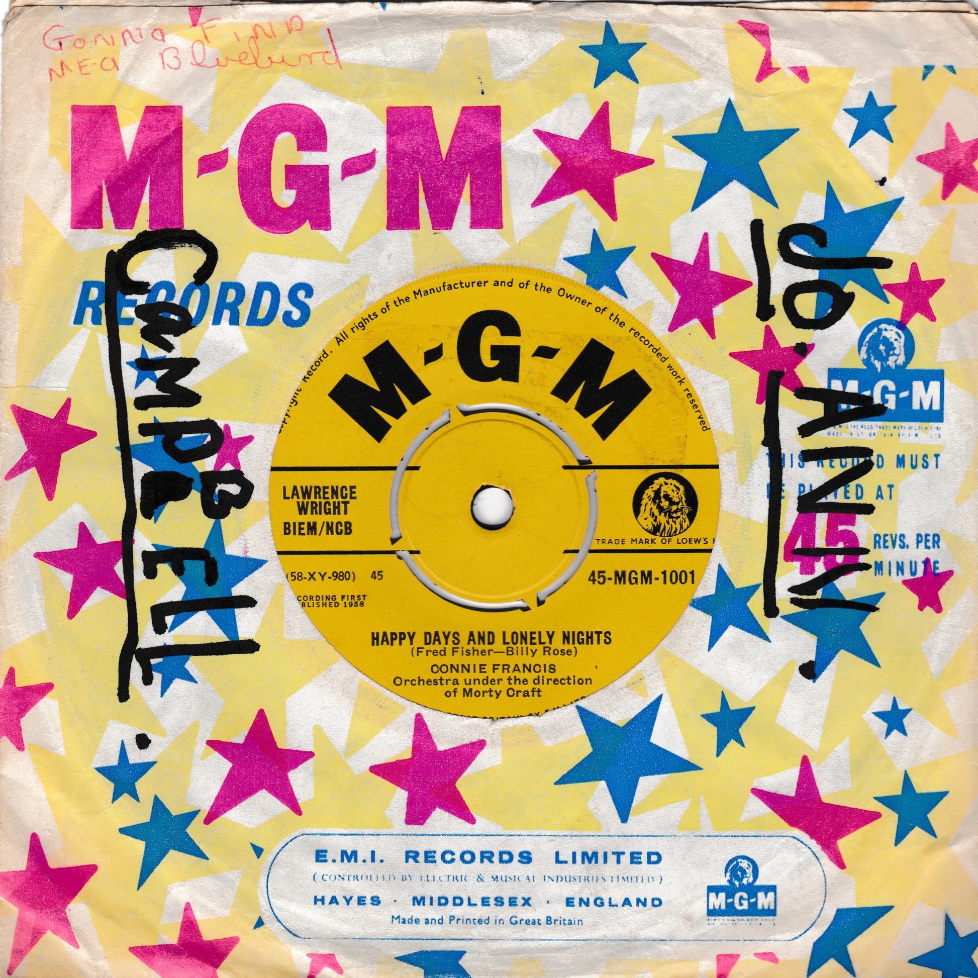 Vintage MGM Records 7-inch vinyl single cover for Connie Francis's 'Happy Days and Lonely Nights', featuring a yellow centre label on a light yellow background with pink and blue star patterns. Handwritten black text on the left reads 'Complete' and on the right '1967 Reissue'.