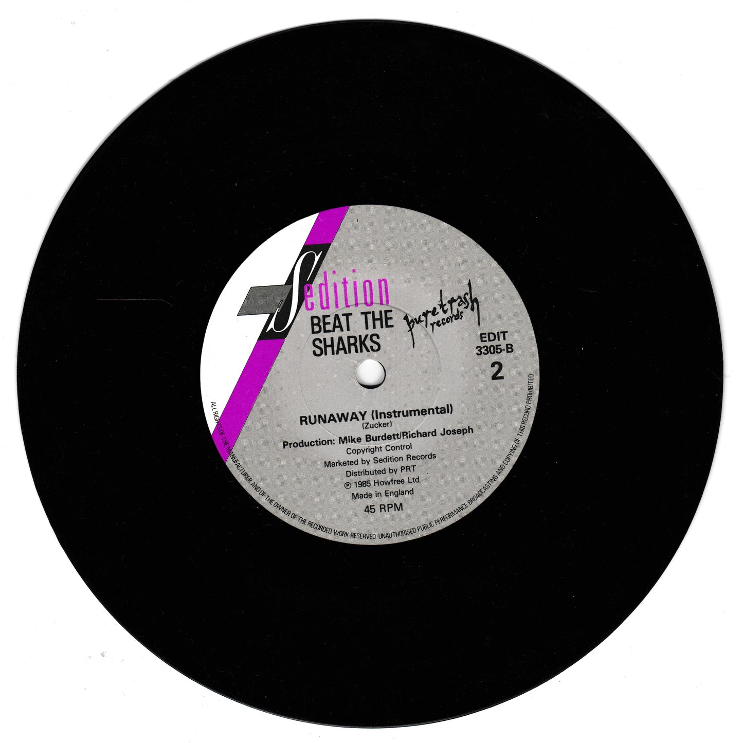 Beat The Sharks - Runaway (Sedition 1985) 7" vinyl P/S single VG/G+