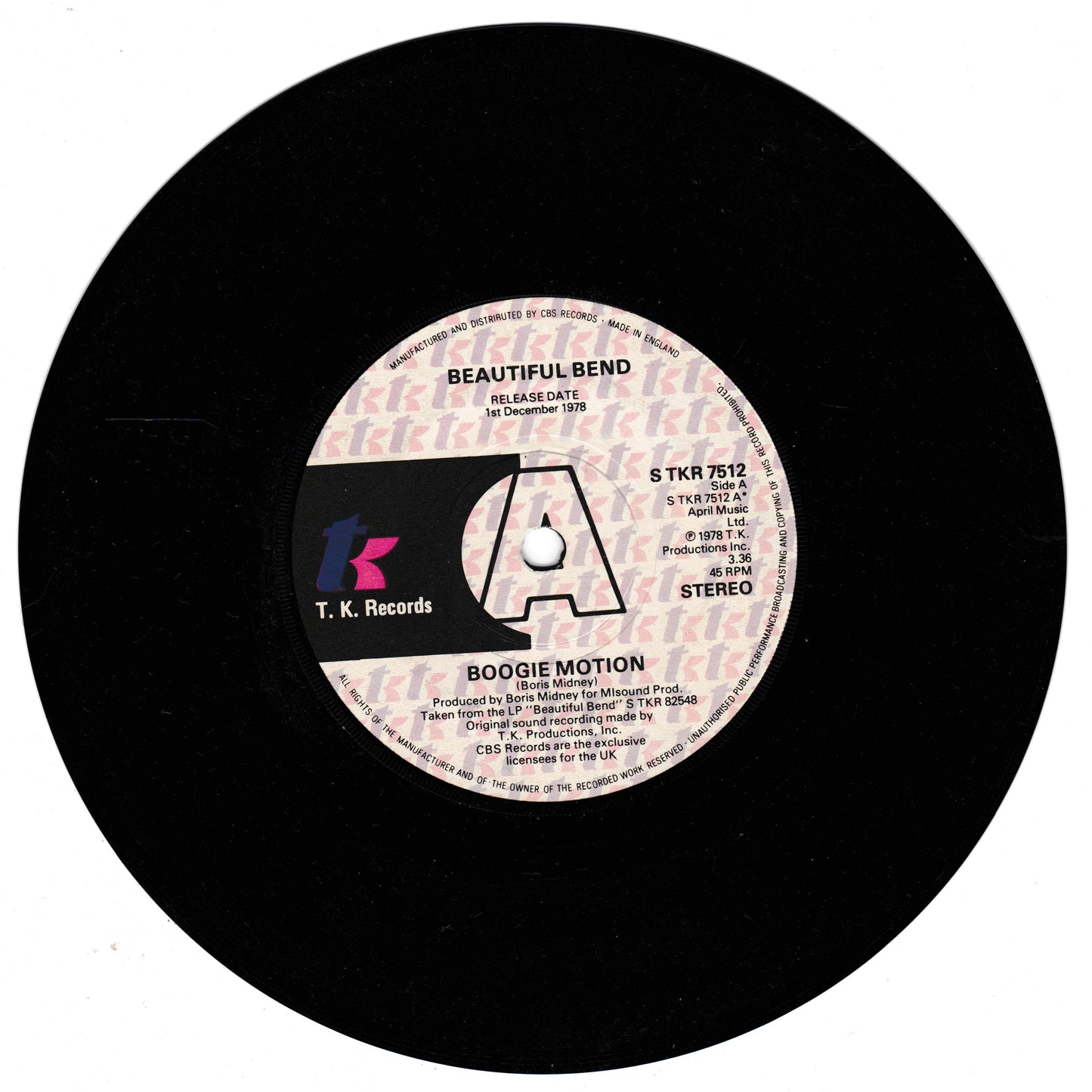 Beautiful Bend - Boogie Motion (TK 1978) 7" vinyl single VG/- promo