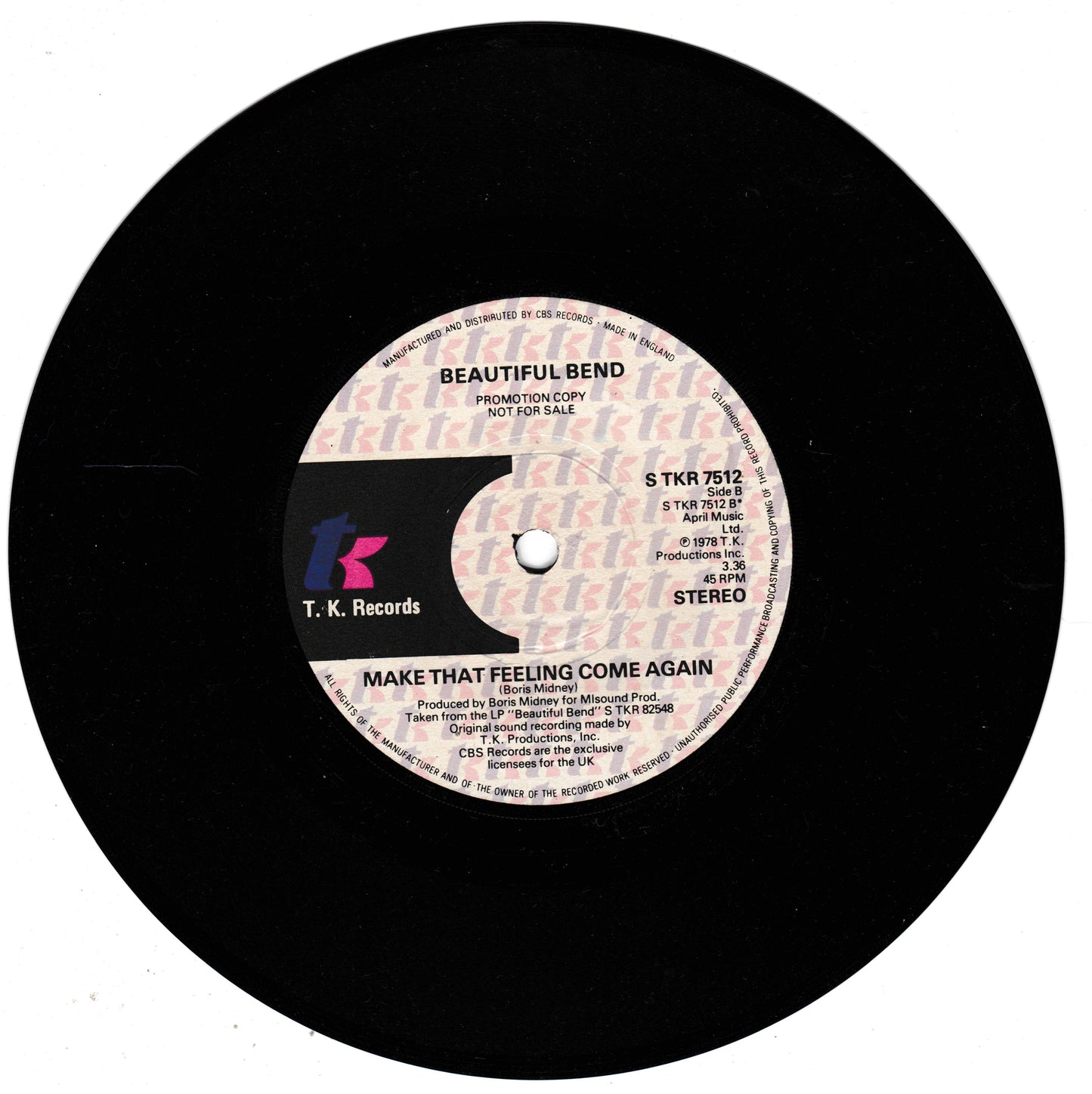 Beautiful Bend - Boogie Motion (TK 1978) 7" vinyl single VG/- promo