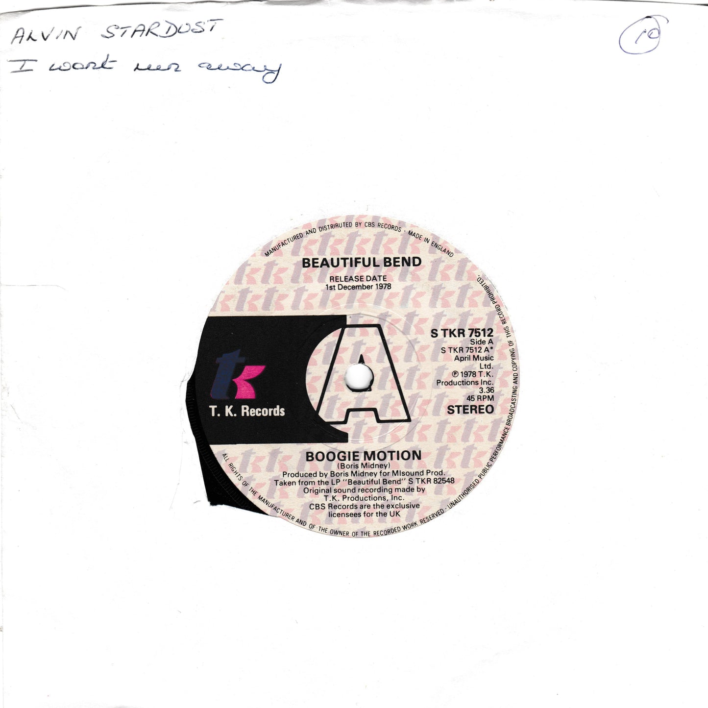 Beautiful Bend - Boogie Motion (TK 1978) 7" vinyl single VG/- promo