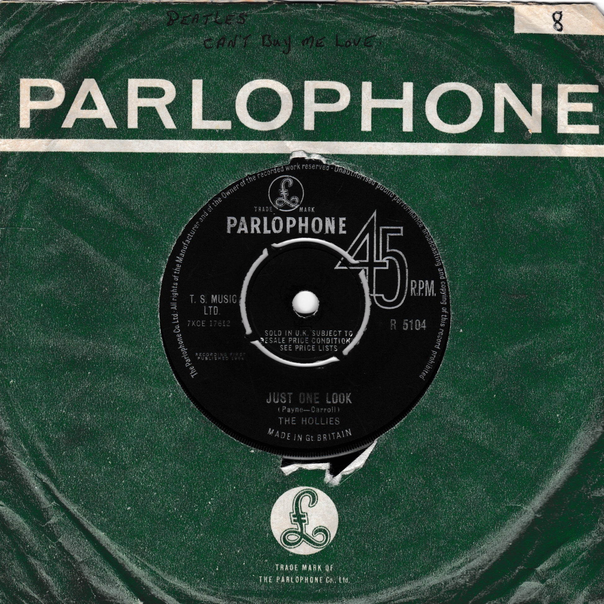 Vintage Parlophone 45 RPM vinyl record sleeve for The Hollies' 'Just One Look' with the record label logo and 'PARLOPHONE' printed in large white letters on a green background.
