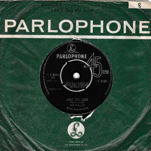 Vintage Parlophone 45 RPM vinyl record sleeve for The Hollies' 'Just One Look' with the record label logo and 'PARLOPHONE' printed in large white letters on a green background.