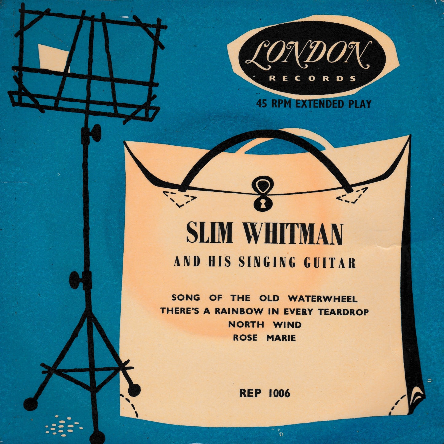 Vintage Slim Whitman 45 rpm extended play single cover from London Records, featuring a blue background with a large beige ticket-style label and black line drawings of a music stand.