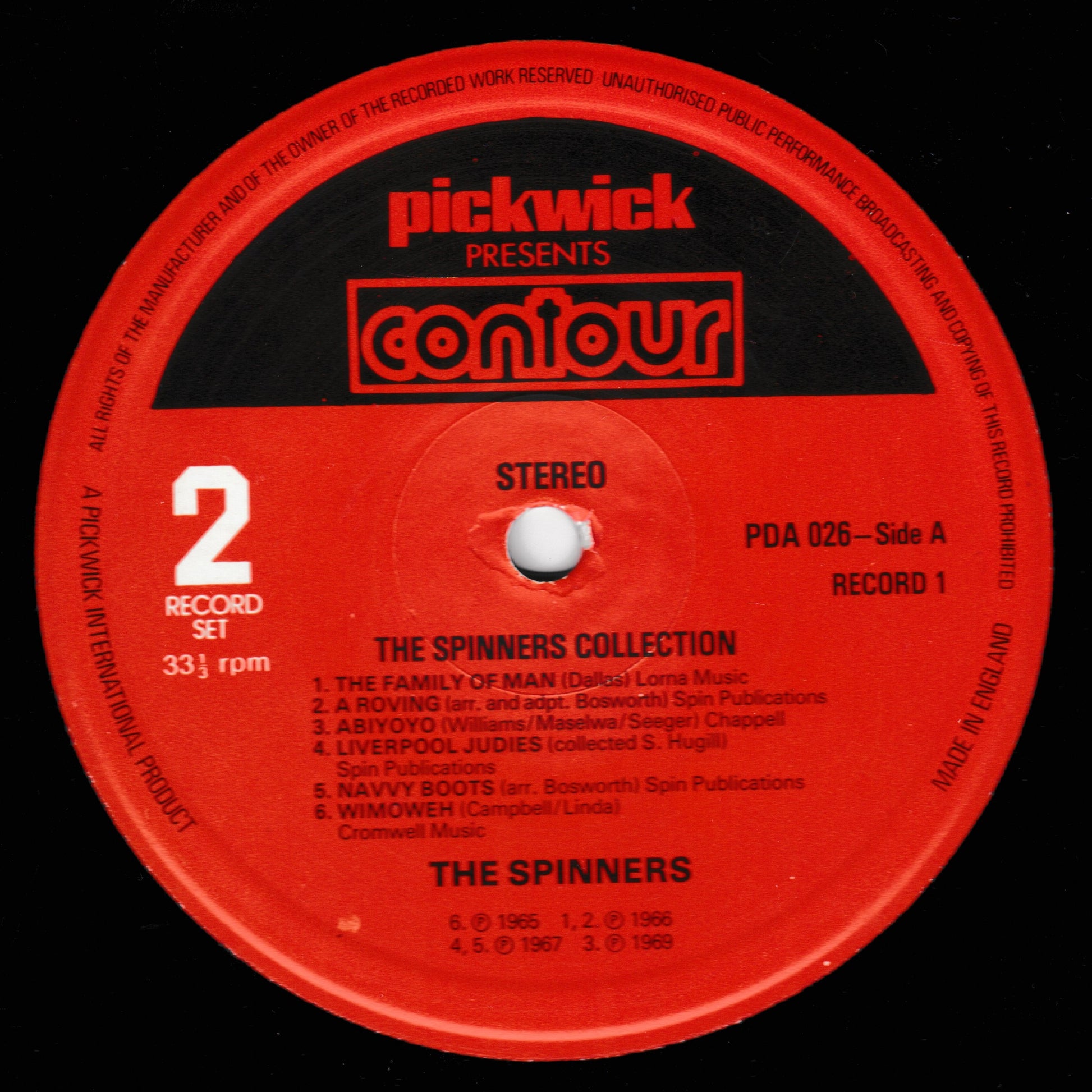 Red record label with 'pickwick presents contour' branding and tracklist for 'The Spinners Collection'.