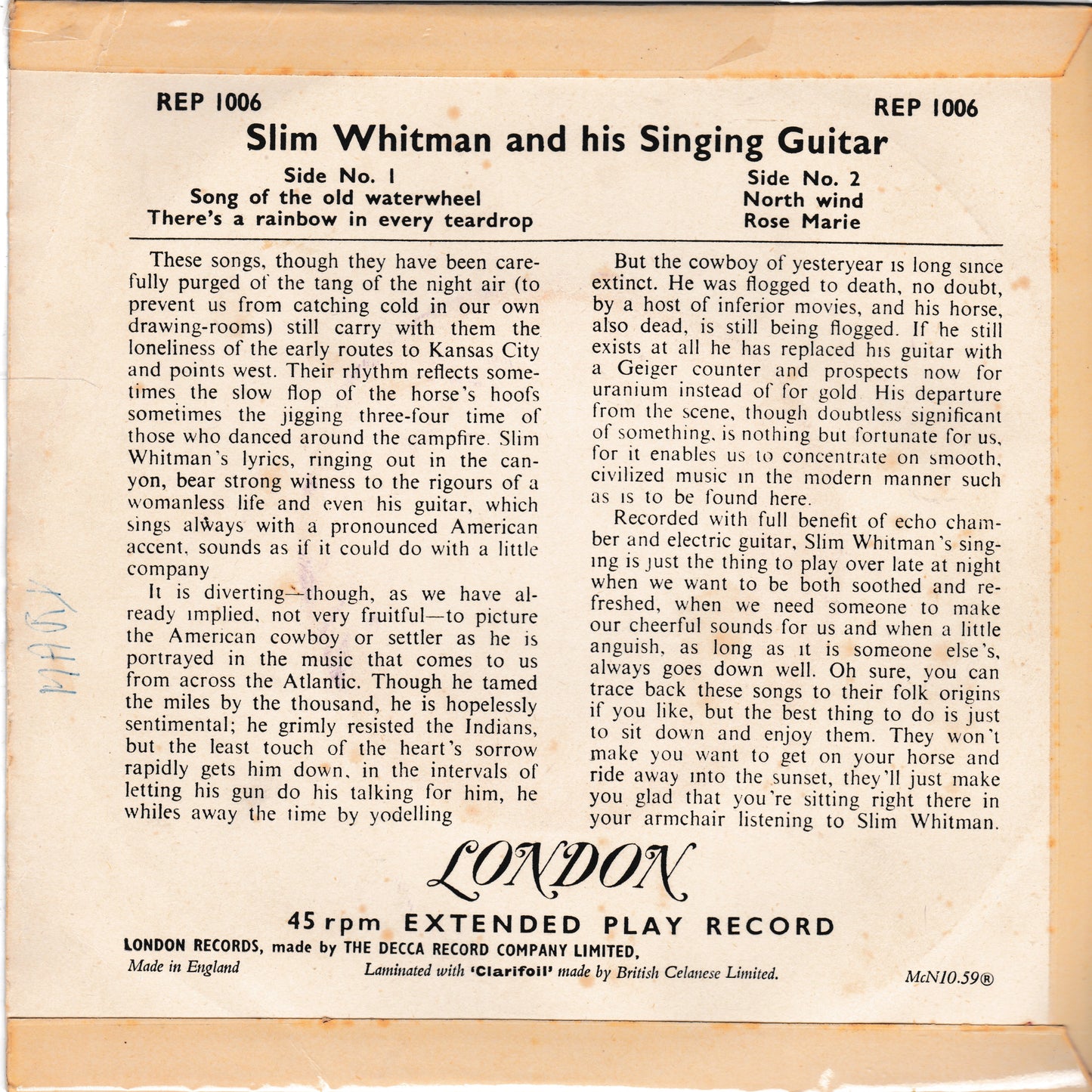 Vintage record sleeve for Slim Whitman's 'Singing Guitar' EP, showing printed track listings, song text, and the Decca logo on a warm beige background.