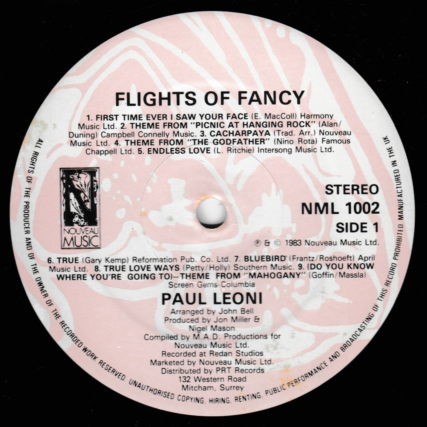 Record label from 'Flights of Fancy' by Paul Leoni with text and music credits.
