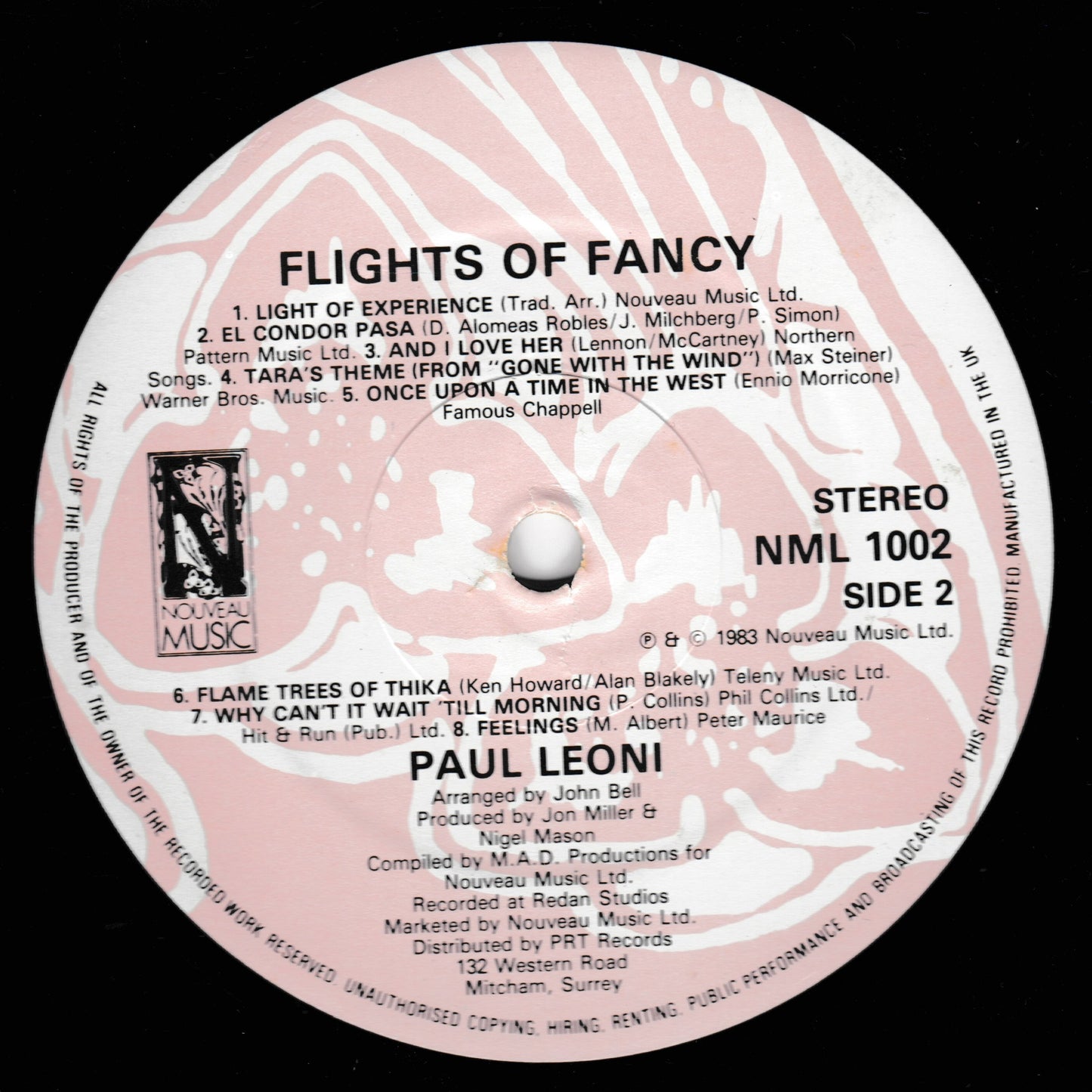 Vinyl record label for 'Flights of Fancy' by Paul Leoni with pink marbled design