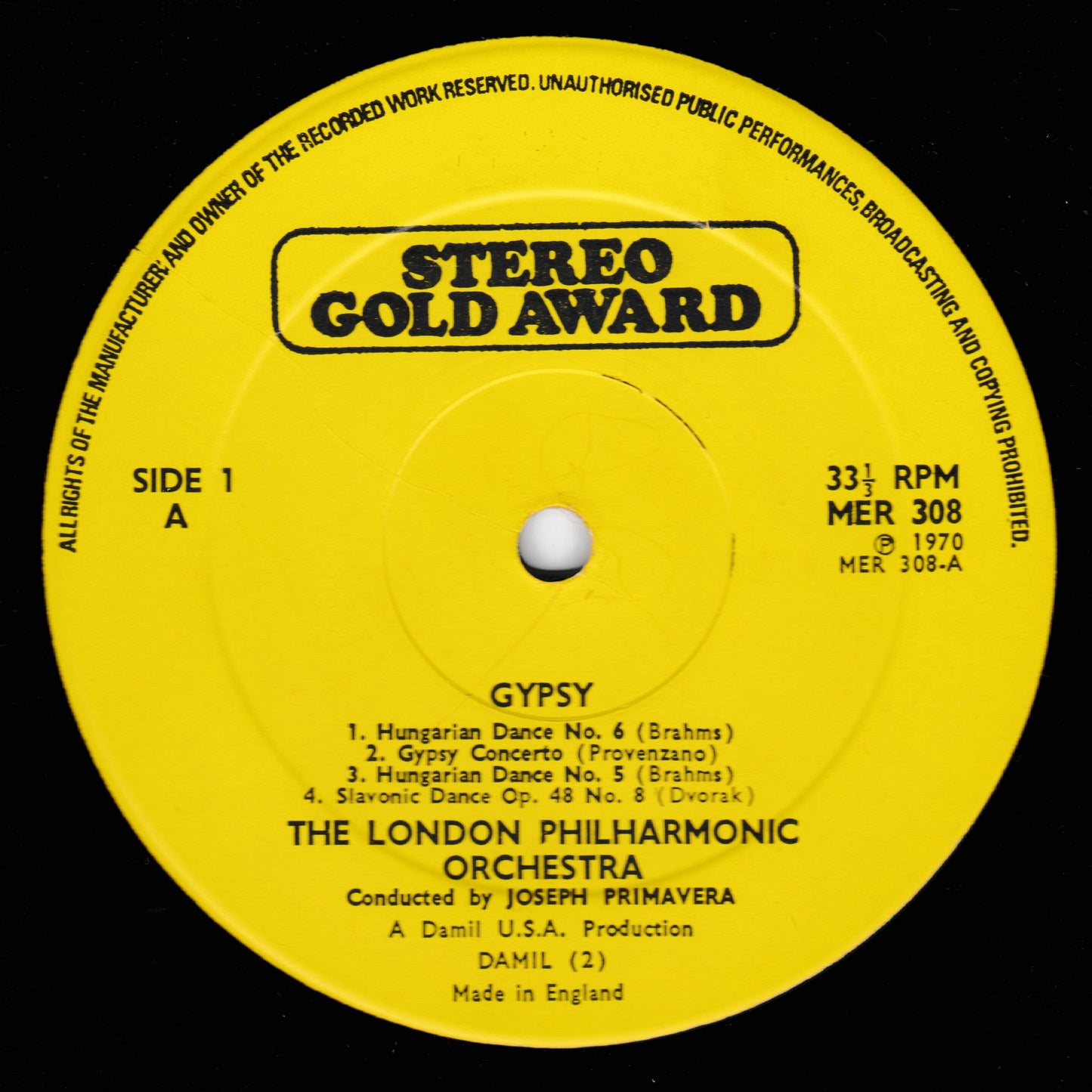 Record label for 'Gypsy' by The London Philharmonic Orchestra with text and music track details.