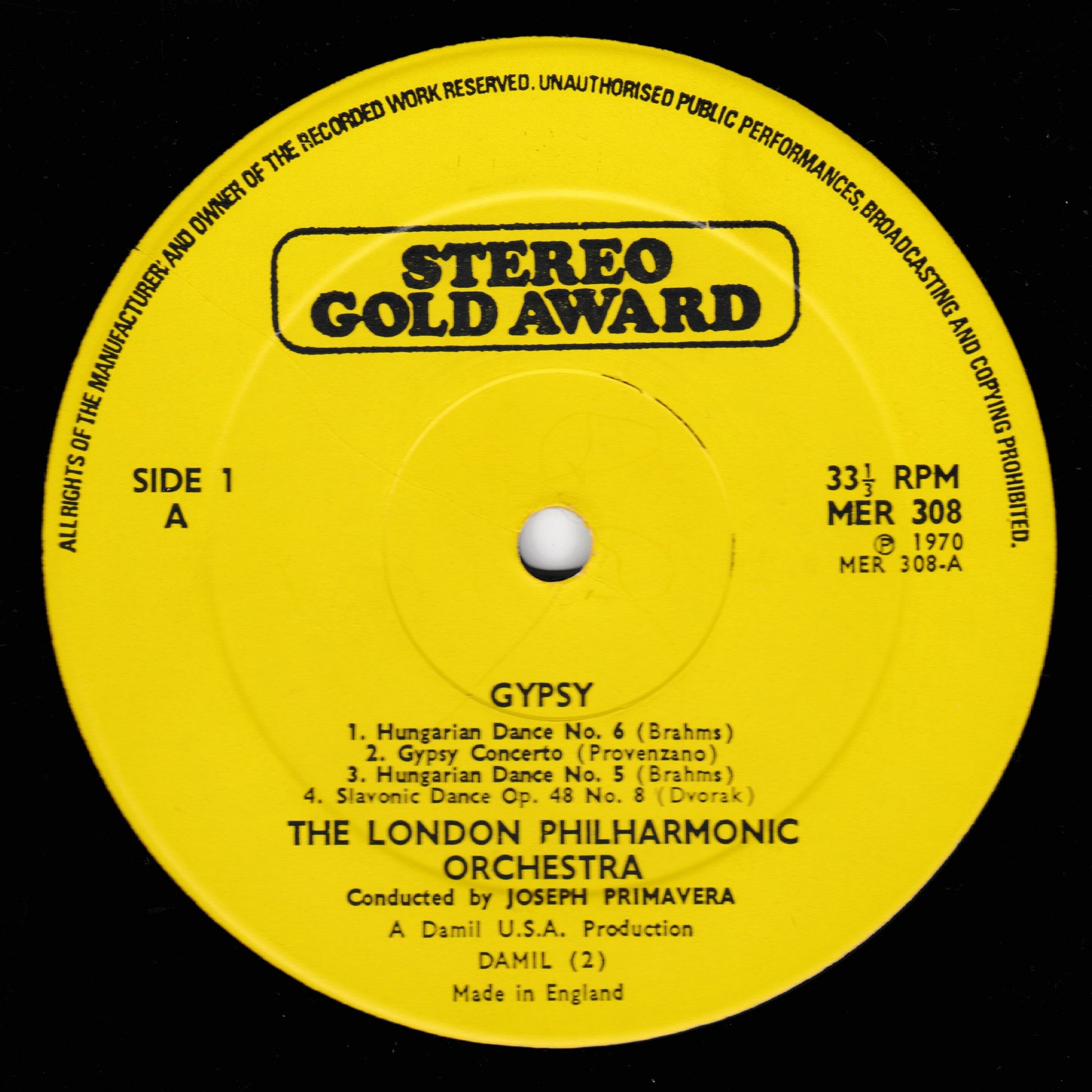 Record label for 'Gypsy' by The London Philharmonic Orchestra with text and music track details.