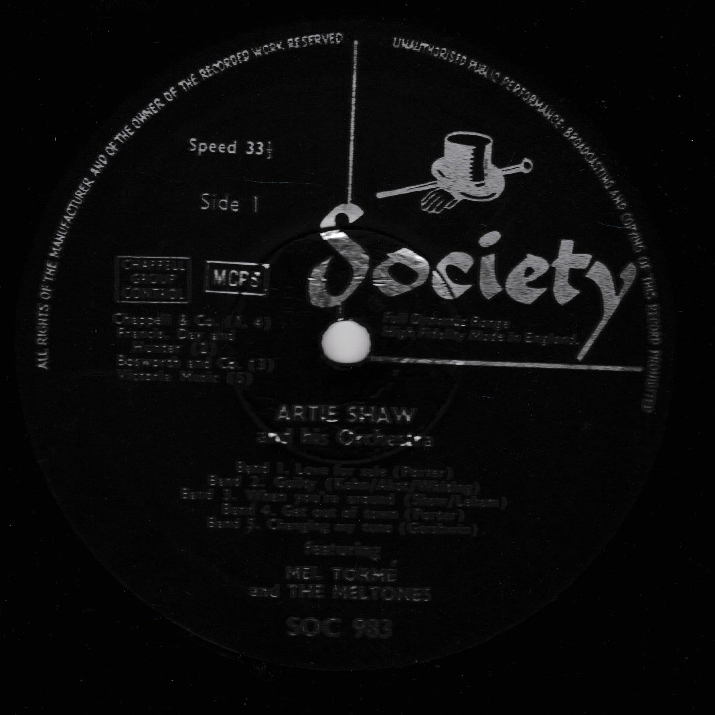 Record label with 'Society' branding and text on a black background