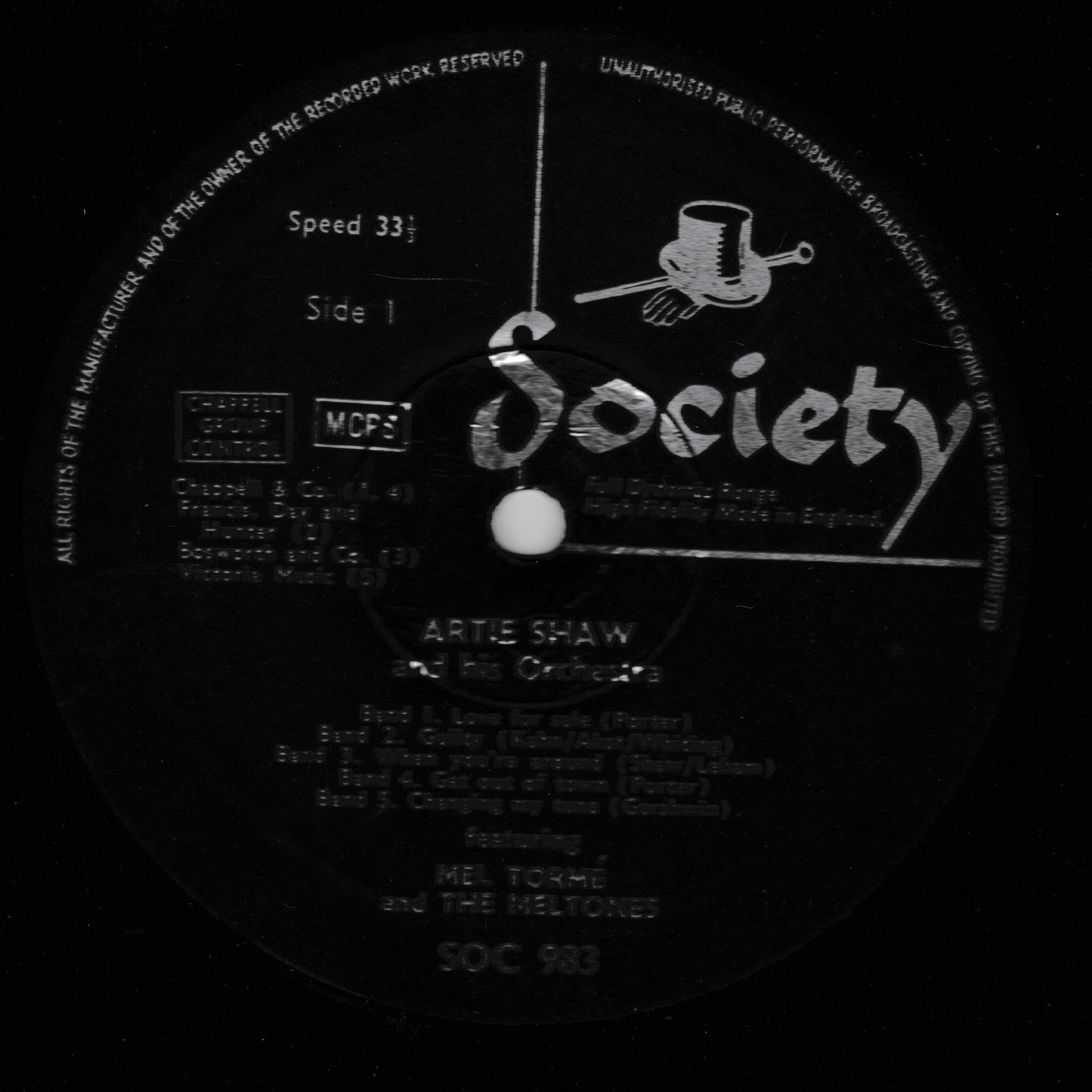Record label with 'Society' branding and text on a black background