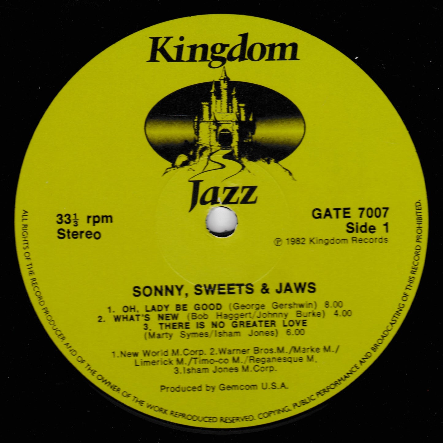 Vinyl record label for 'Sonny, Sweets & Jaws' on Kingdom Jazz