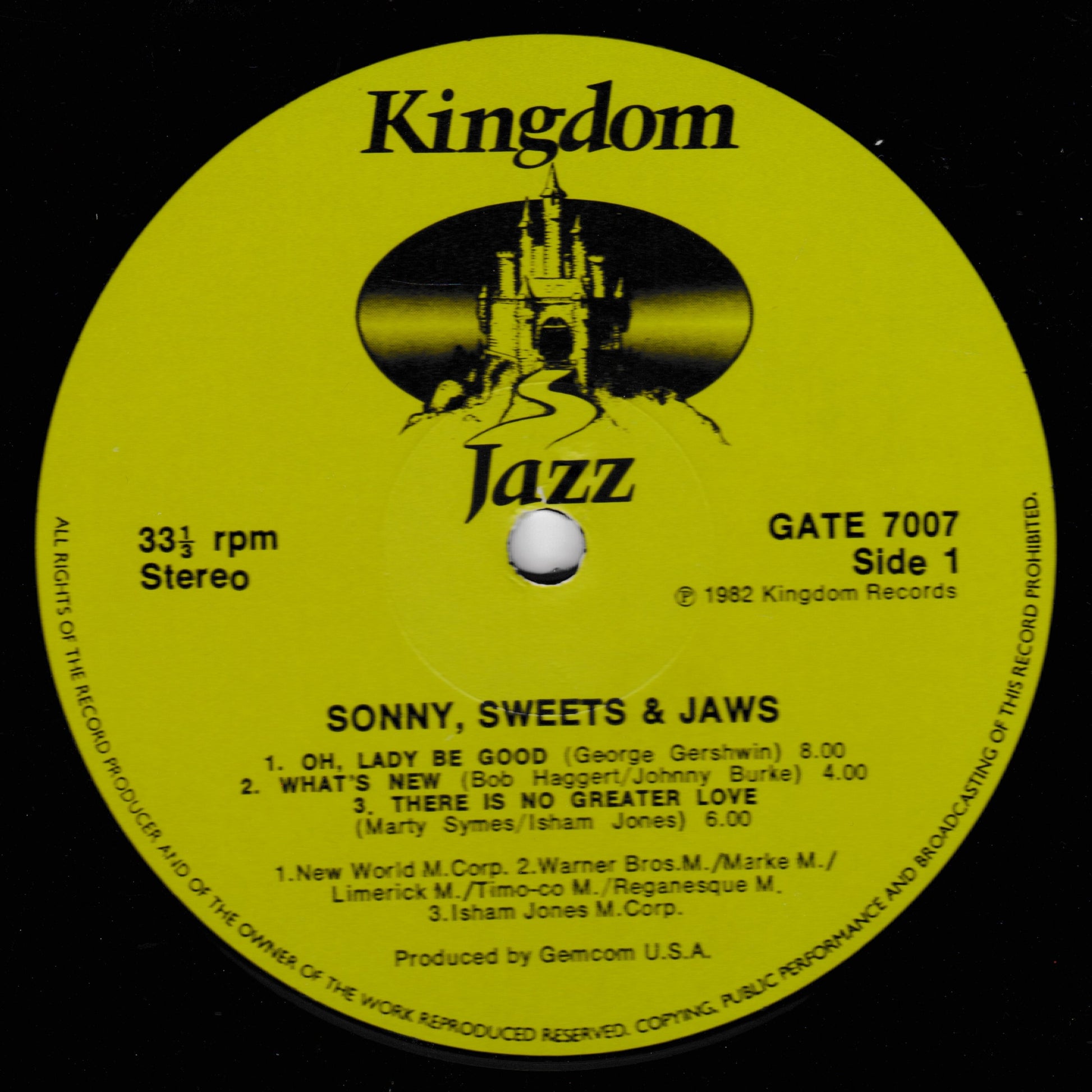Vinyl record label for 'Sonny, Sweets & Jaws' on Kingdom Jazz