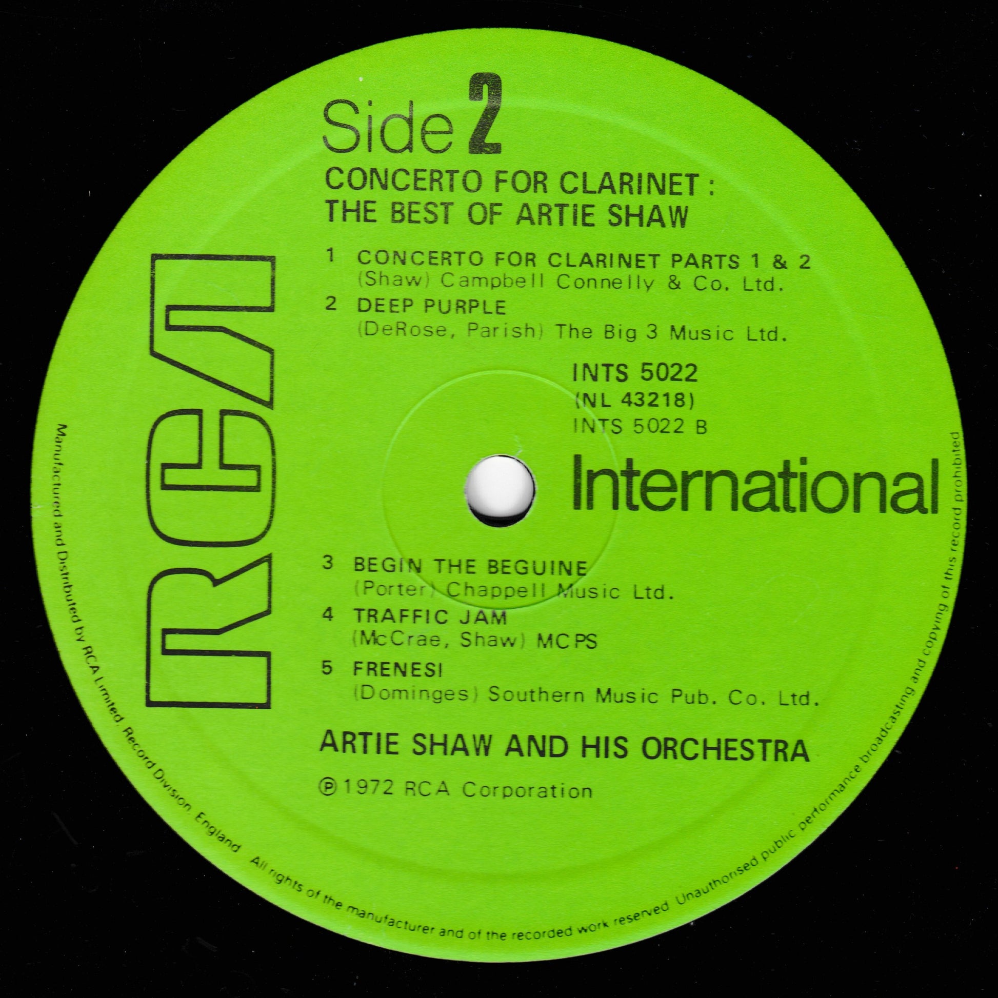 Green label of RCA International featuring Artie Shaw and his orchestra with text and music credits.