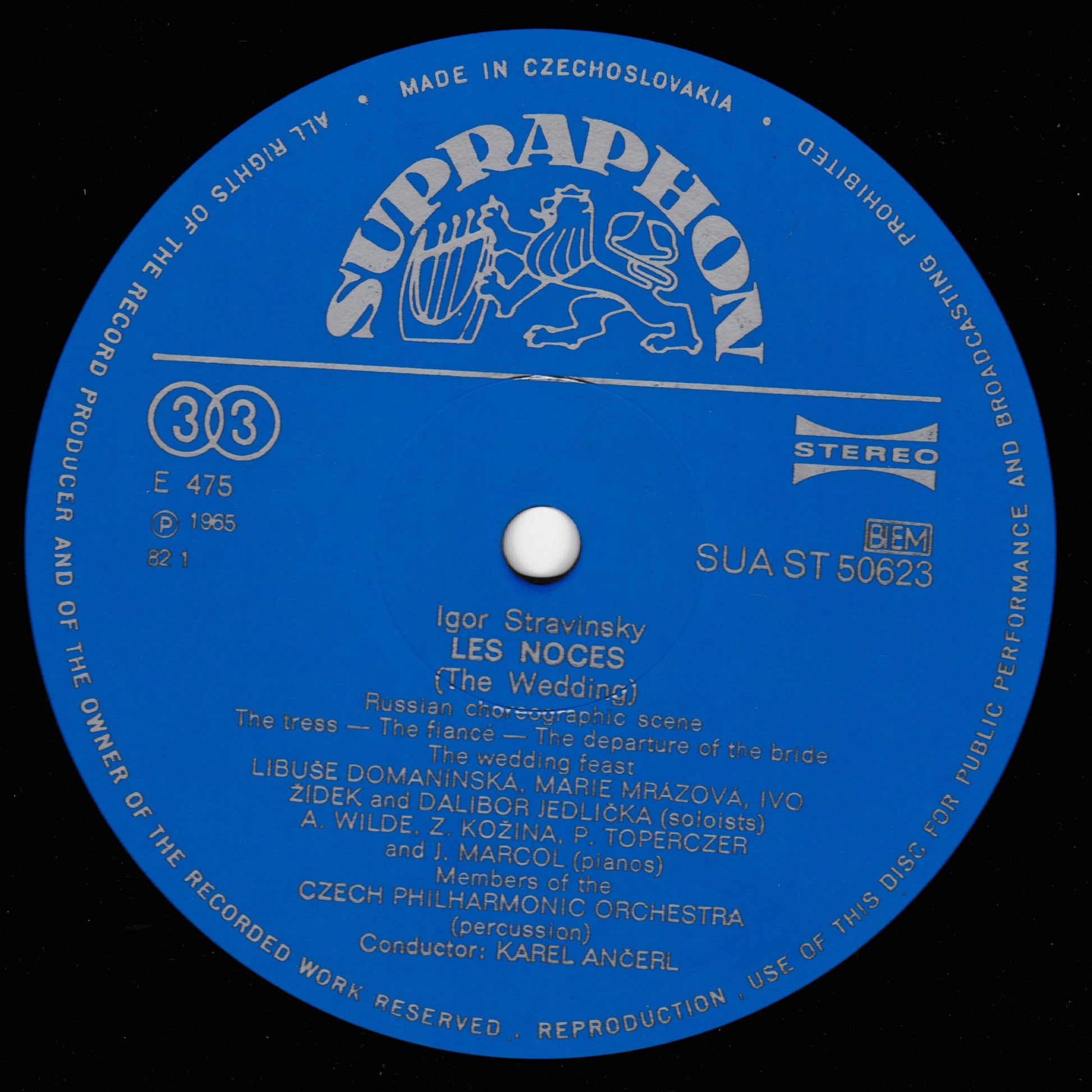 A blue Supraphon record label with white printed text and logo, featuring Igor Stravinsky's Les Noces, photographed against a black background.