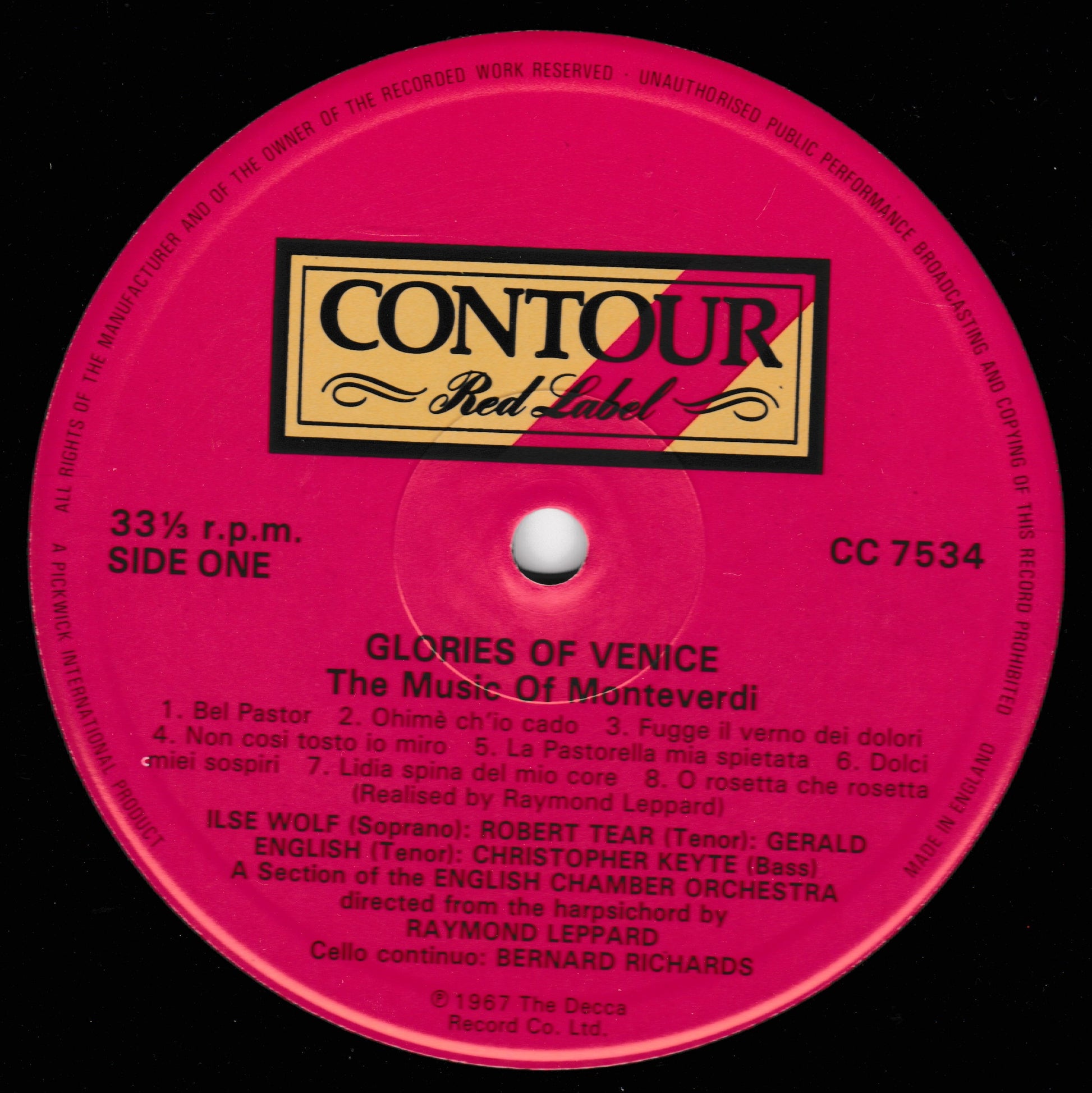 A vintage Contour Red Label 7-inch vinyl record for 'Glories of Venice' by Ilse Wolf and Robert Tear, featuring a bright pink label with black text and a gold Contour logo.