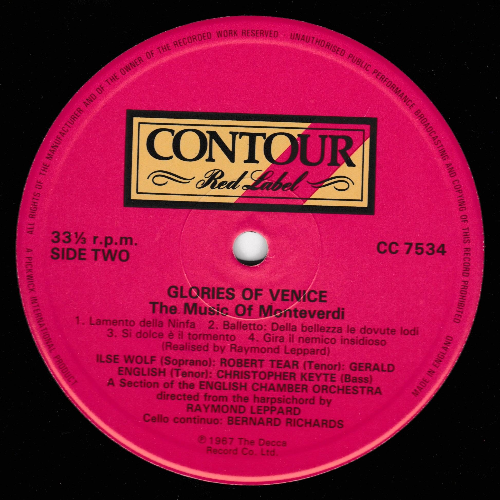 A close-up of a pink vinyl record label for Contour Red Label, showing the title 'Glories of Venice' and track listing on a black background.