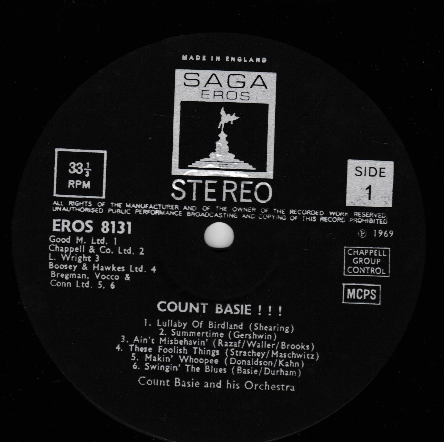 Record label with 'Saga Eros' branding and track listing on a black background